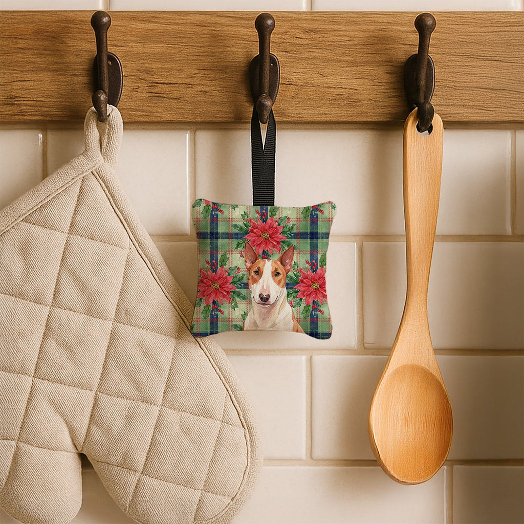 Red and White Bull Terrier Christmas PoinsettIas Hanging Square Fabric Ornament 3.5 � 3.5 Decorative Door-Knob & Tree Hanger, Soft Fabric
