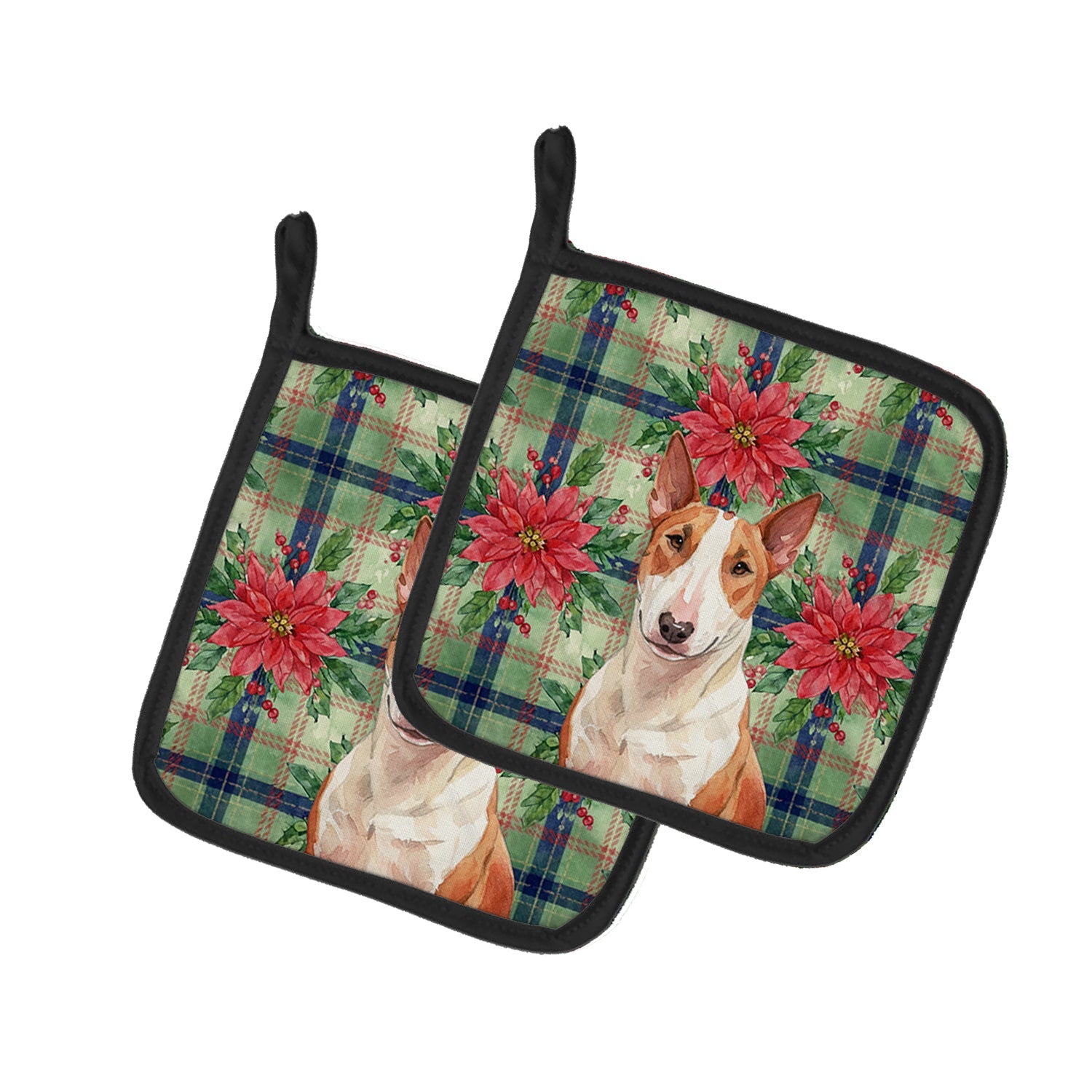 Red and White Bull Terrier Christmas PoinsettIas Pot Holder Set of 2 Heat Resistant Quilted Hot Pads 7.5 x 7.5 Inch, Insulated Kitchen Trivets for Cooking & Baking