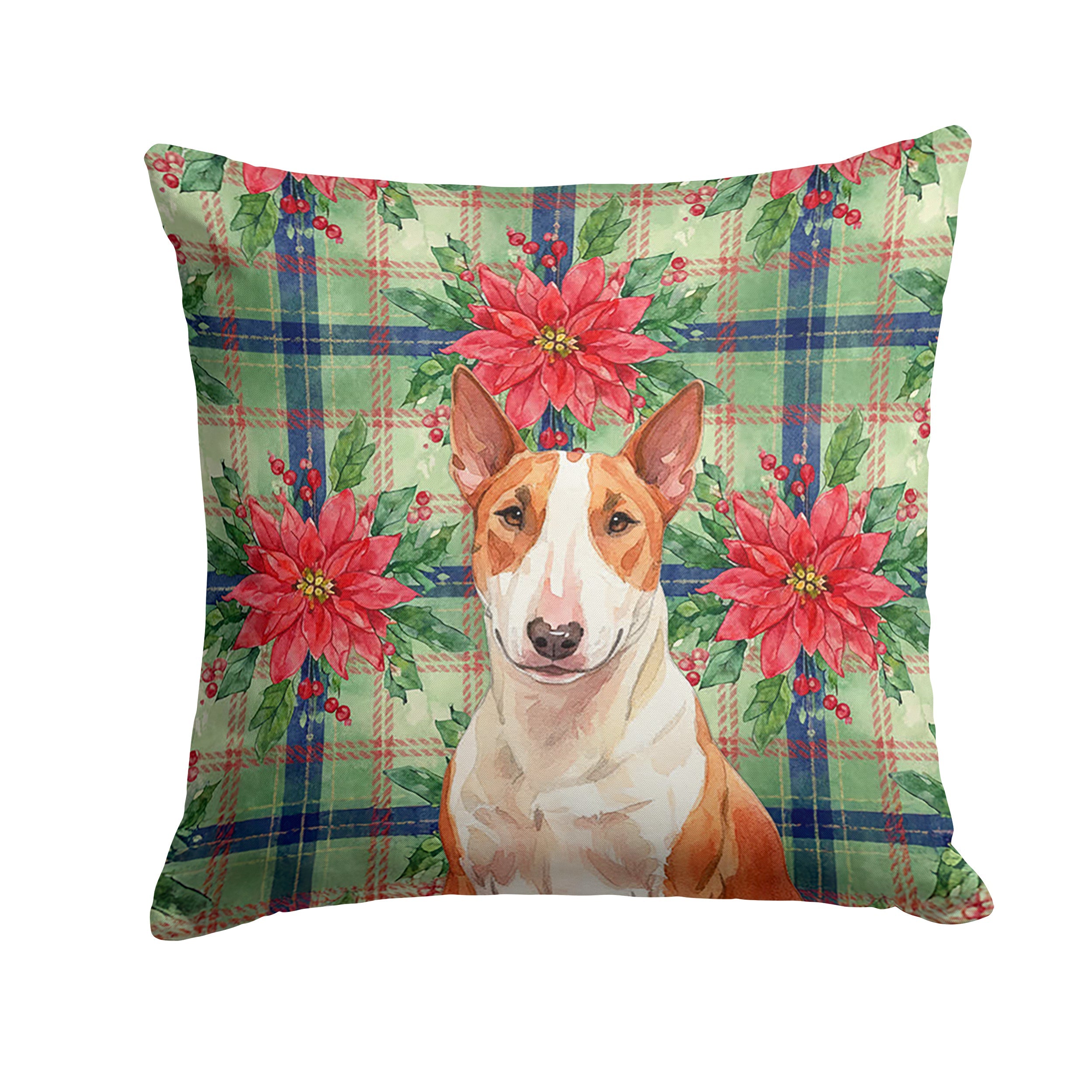 Red and White Bull Terrier Christmas PoinsettIas Decorative Throw Pillow 14x14 Indoor Outdoor Accent Cushion, Fabric Cover with Insert for Sofa, Bed, Porch & Living Room