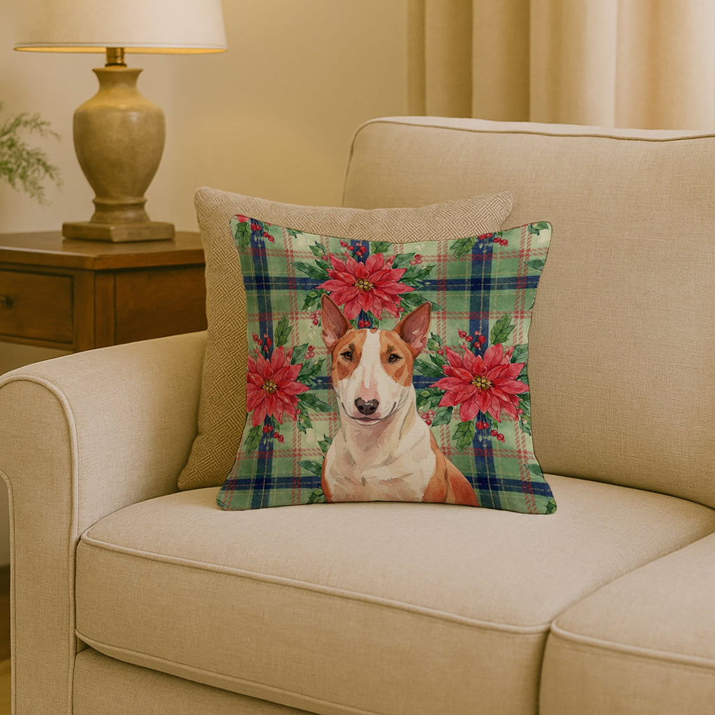 Red and White Bull Terrier Christmas PoinsettIas Decorative Throw Pillow 18x18 Indoor Outdoor Accent Cushion, Fabric Cover with Insert for Sofa, Bed, Porch & Living Room