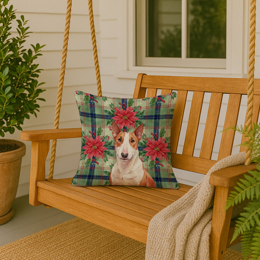 Red and White Bull Terrier Christmas PoinsettIas Decorative Throw Pillow 18x18 Indoor Outdoor Accent Cushion, Fabric Cover with Insert for Sofa, Bed, Porch & Living Room