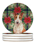 Red and White Bull Terrier Christmas PoinsettIas Large Sandstone Coasters Pack of 4 Absorbent Round Coasters Decor Gifts for Men or Women, 4 in, Multicolor