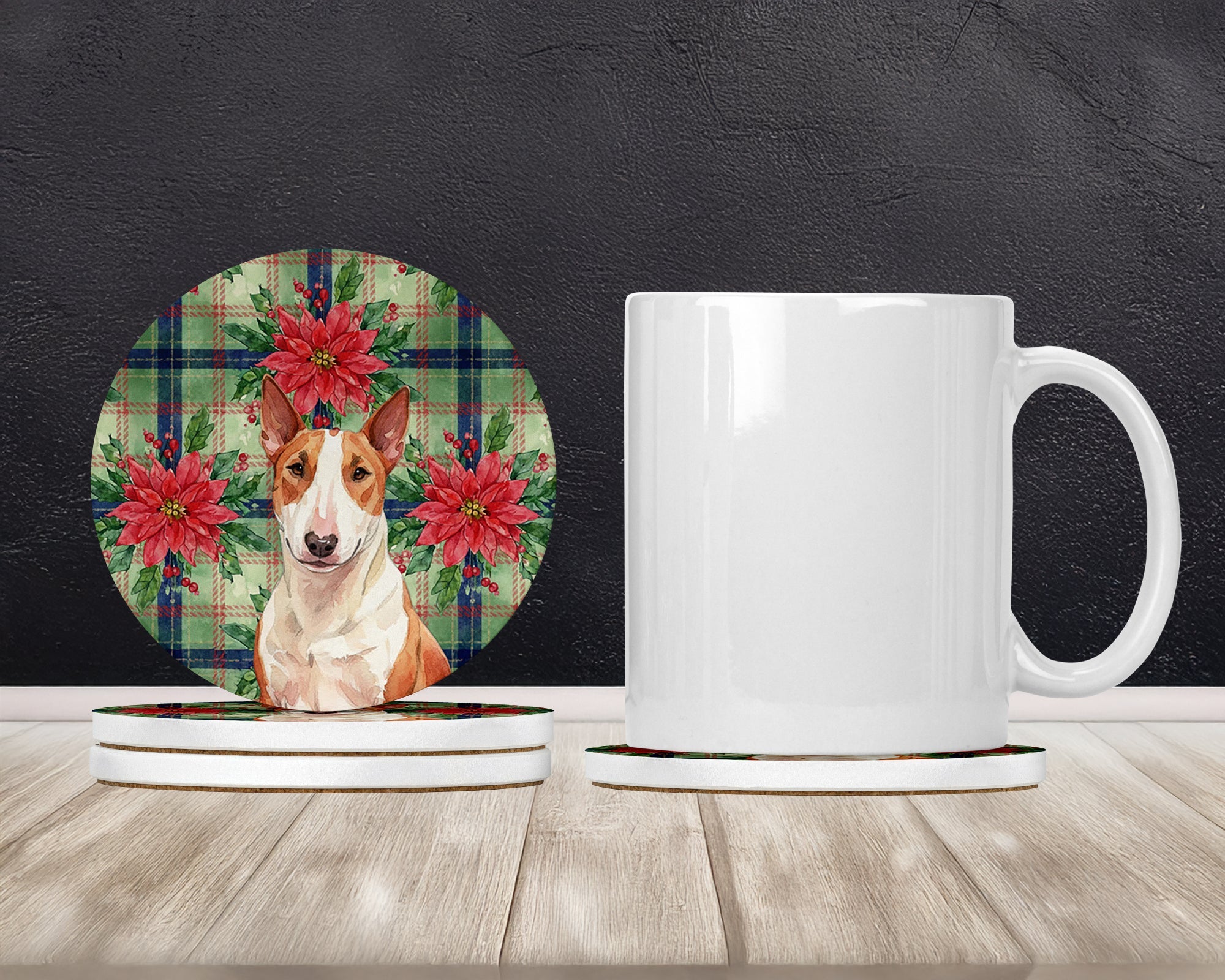 Red and White Bull Terrier Christmas PoinsettIas Large Sandstone Coasters Pack of 4 Absorbent Round Coasters Decor Gifts for Men or Women, 4 in, Multicolor