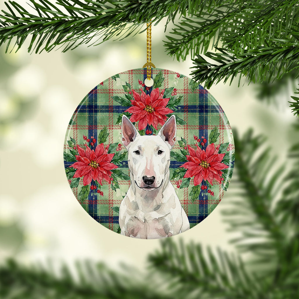White Bull Terrier Christmas PoinsettIas Ceramic Ornament Christmas Tree Hanging Decorations for Home Christmas Holiday, Party, Gift, 3 in, Multicolor