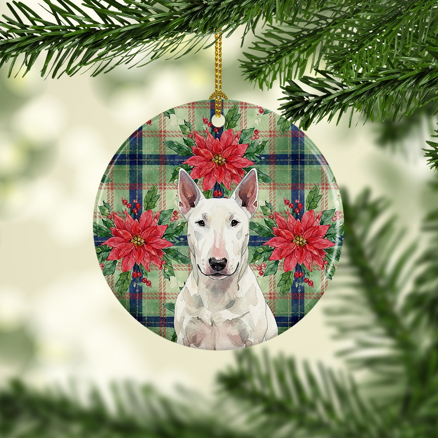 White Bull Terrier Christmas PoinsettIas Ceramic Ornament Christmas Tree Hanging Decorations for Home Christmas Holiday, Party, Gift, 3 in, Multicolor