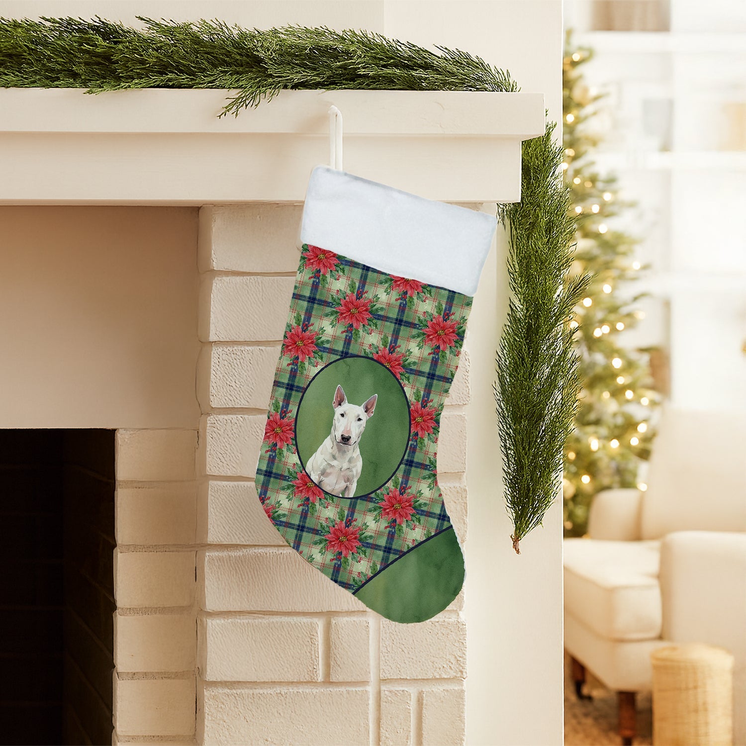 White Bull Terrier Christmas PoinsettIas Holiday Stocking Double-Sided Print, Polyester Suede,11x18, Made in USA