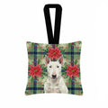 White Bull Terrier Christmas PoinsettIas Hanging Square Fabric Ornament 3.5 � 3.5 Decorative Door-Knob & Tree Hanger, Soft Fabric
