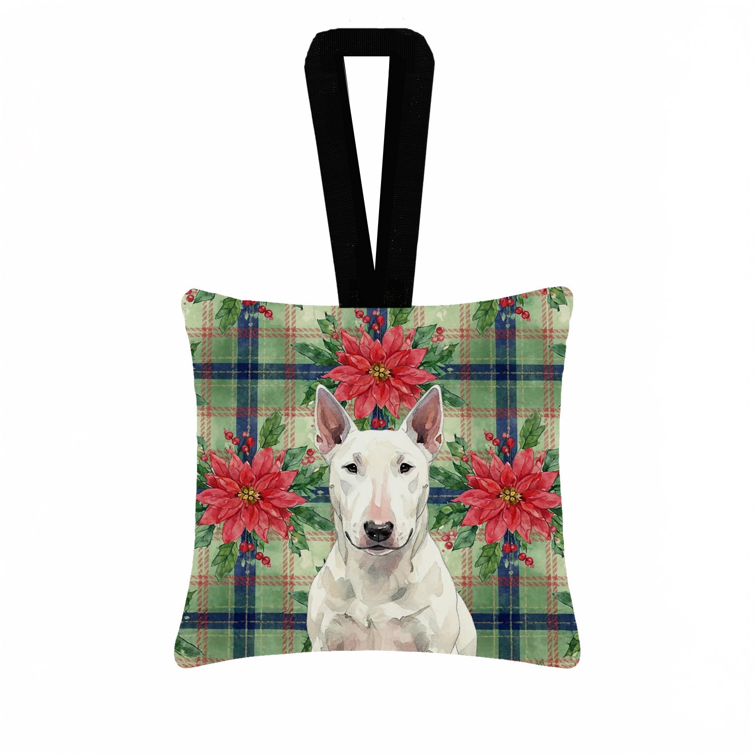 White Bull Terrier Christmas PoinsettIas Hanging Square Fabric Ornament 3.5 � 3.5 Decorative Door-Knob & Tree Hanger, Soft Fabric