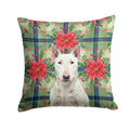 White Bull Terrier Christmas PoinsettIas Decorative Throw Pillow 14x14 Indoor Outdoor Accent Cushion, Fabric Cover with Insert for Sofa, Bed, Porch & Living Room