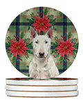 White Bull Terrier Christmas PoinsettIas Large Sandstone Coasters Pack of 4 Absorbent Round Coasters Decor Gifts for Men or Women, 4 in, Multicolor