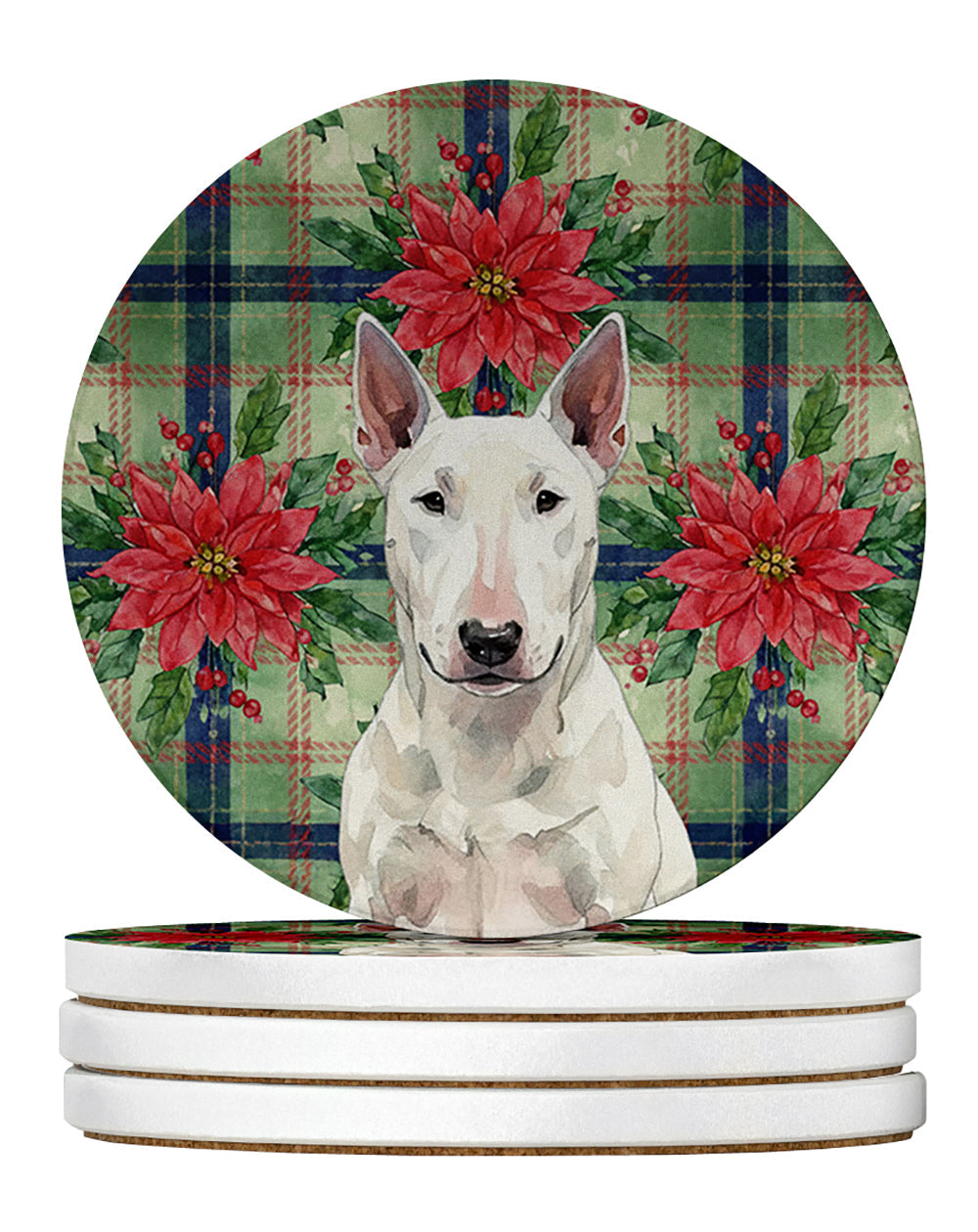 White Bull Terrier Christmas PoinsettIas Large Sandstone Coasters Pack of 4 Absorbent Round Coasters Decor Gifts for Men or Women, 4 in, Multicolor
