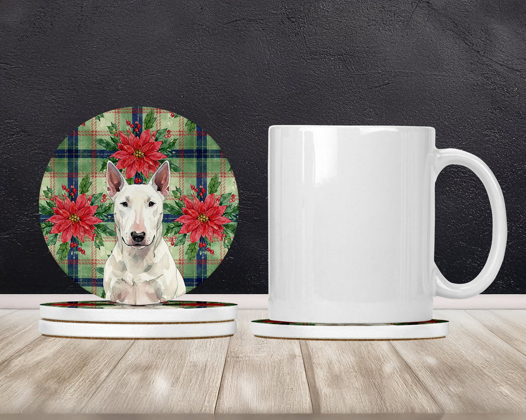 White Bull Terrier Christmas PoinsettIas Large Sandstone Coasters Pack of 4 Absorbent Round Coasters Decor Gifts for Men or Women, 4 in, Multicolor