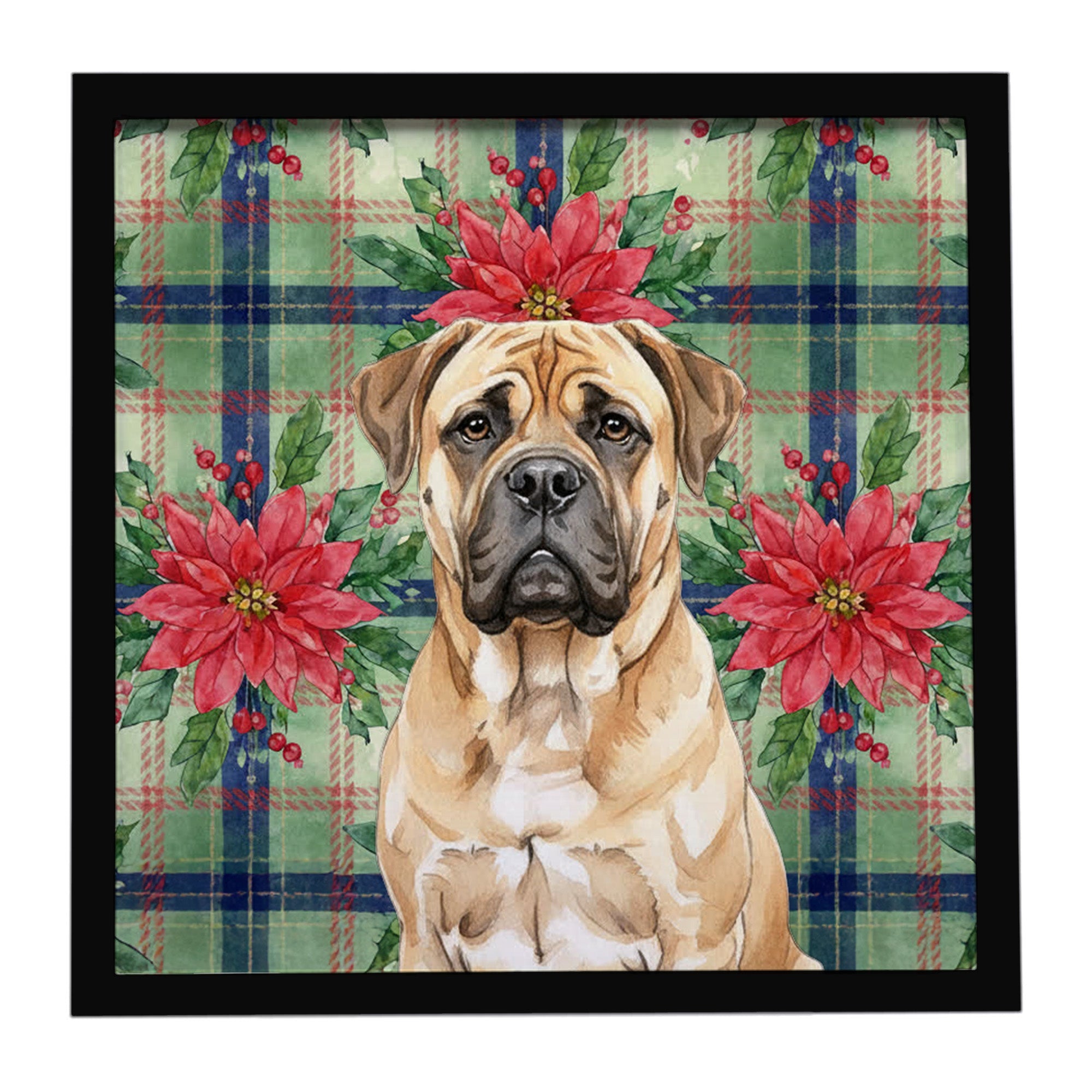 Bullmastiff Christmas PoinsettIas Framed Metal Print Bathroom, Kitchen, Office, Home Decor Wall Art Ready to Hang, Square, 8X8