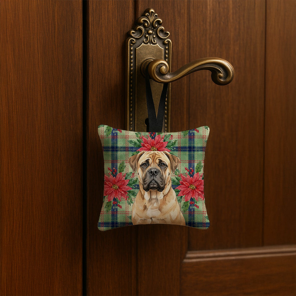 Bullmastiff Christmas PoinsettIas Hanging Square Fabric Ornament 3.5 � 3.5 Decorative Door-Knob & Tree Hanger, Soft Fabric