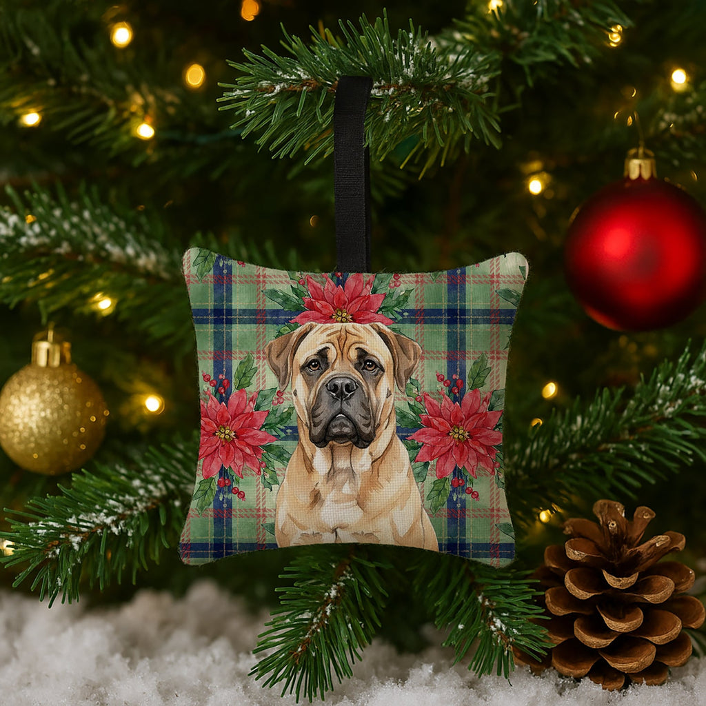 Bullmastiff Christmas PoinsettIas Hanging Square Fabric Ornament 3.5 � 3.5 Decorative Door-Knob & Tree Hanger, Soft Fabric