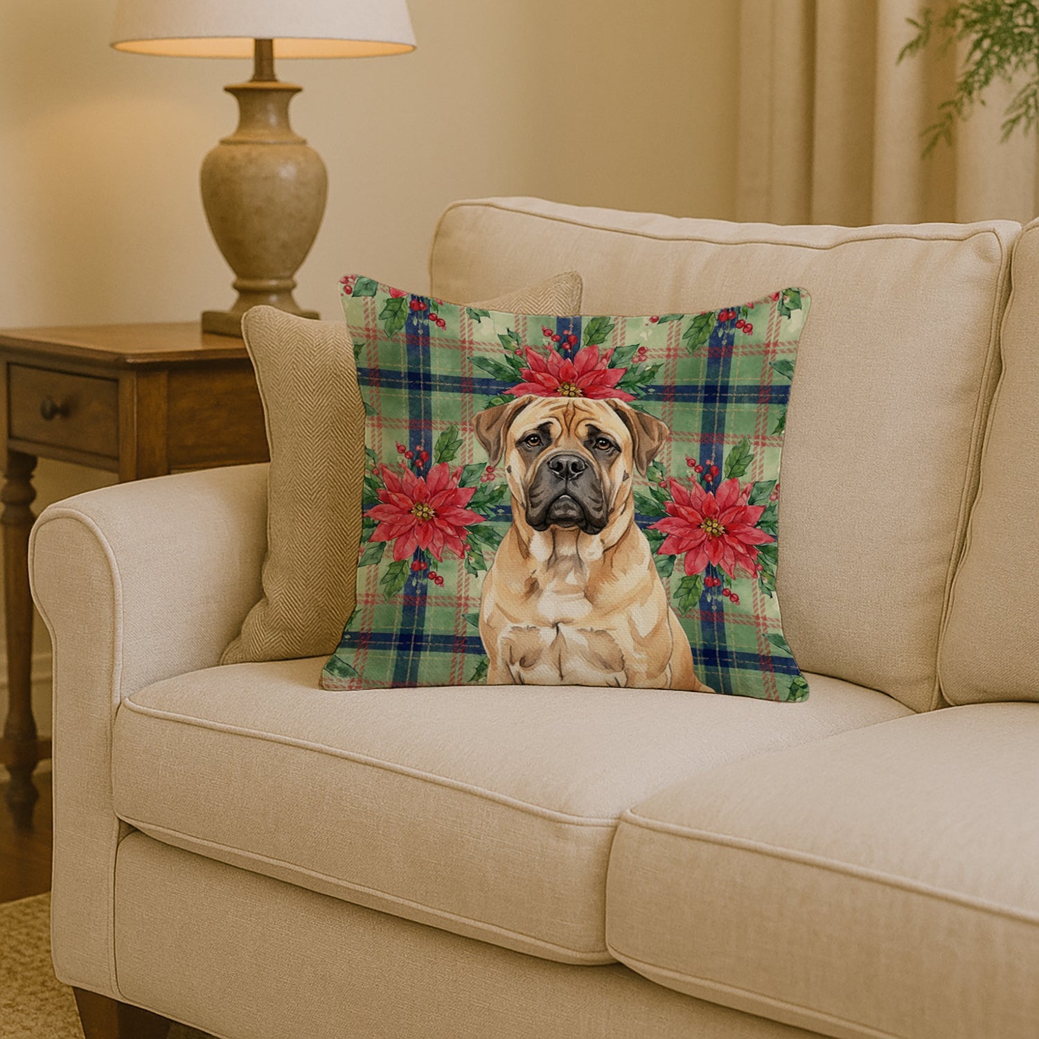 Bullmastiff Christmas PoinsettIas Decorative Throw Pillow 14x14 Indoor Outdoor Accent Cushion, Fabric Cover with Insert for Sofa, Bed, Porch & Living Room