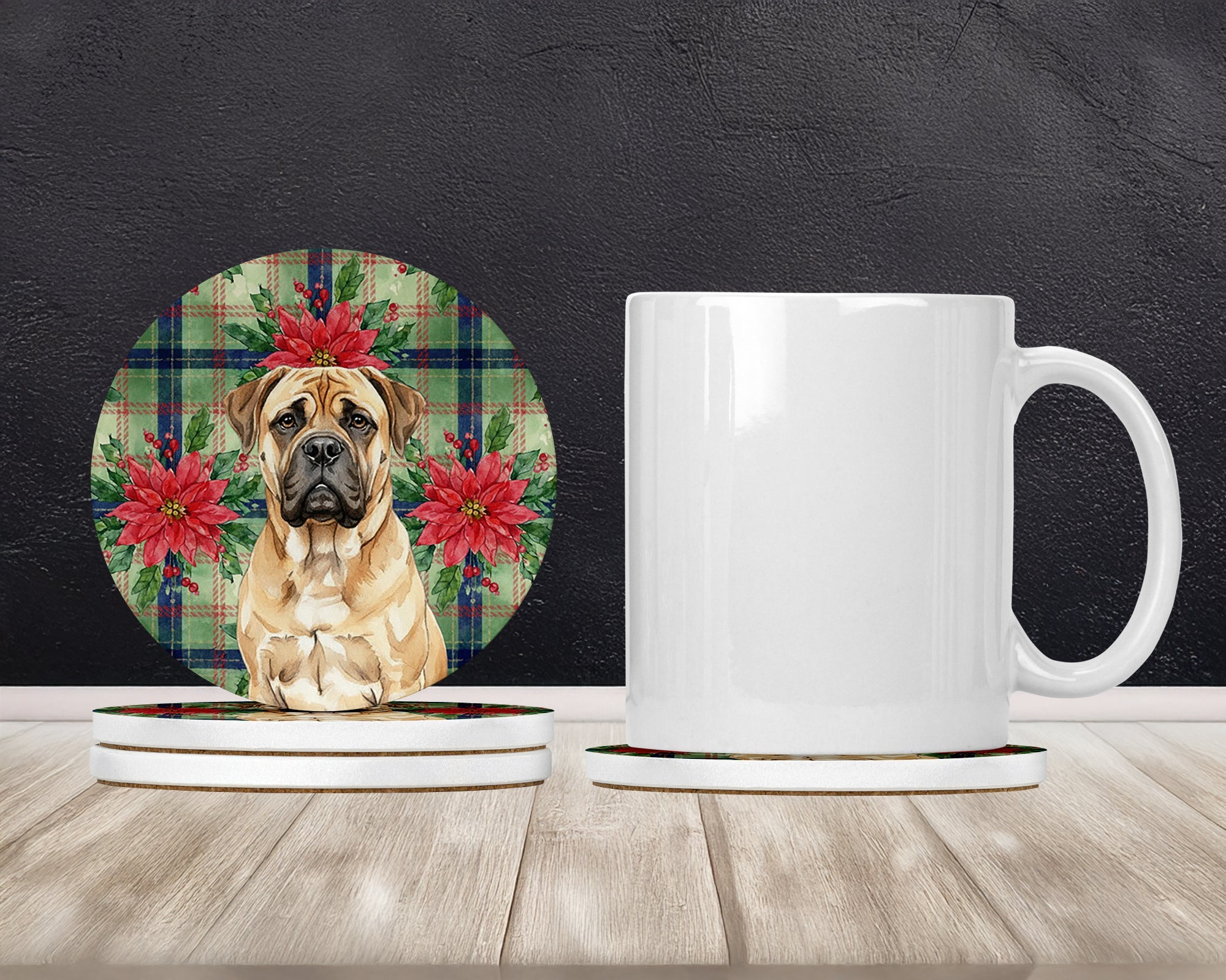 Bullmastiff Christmas PoinsettIas Large Sandstone Coasters Pack of 4 Absorbent Round Coasters Decor Gifts for Men or Women, 4 in, Multicolor