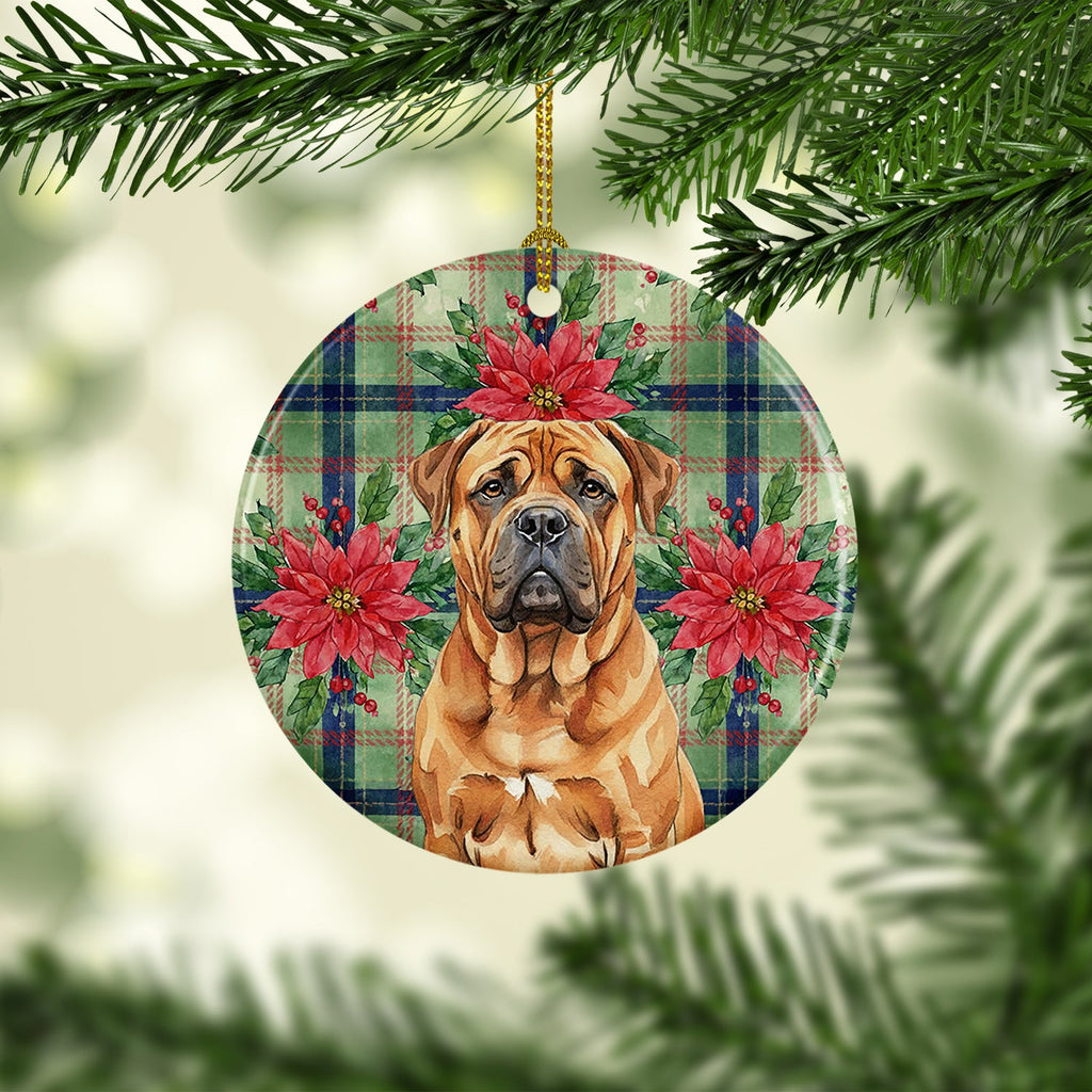 Red Bullmastiff Christmas PoinsettIas Ceramic Ornament Christmas Tree Hanging Decorations for Home Christmas Holiday, Party, Gift, 3 in, Multicolor