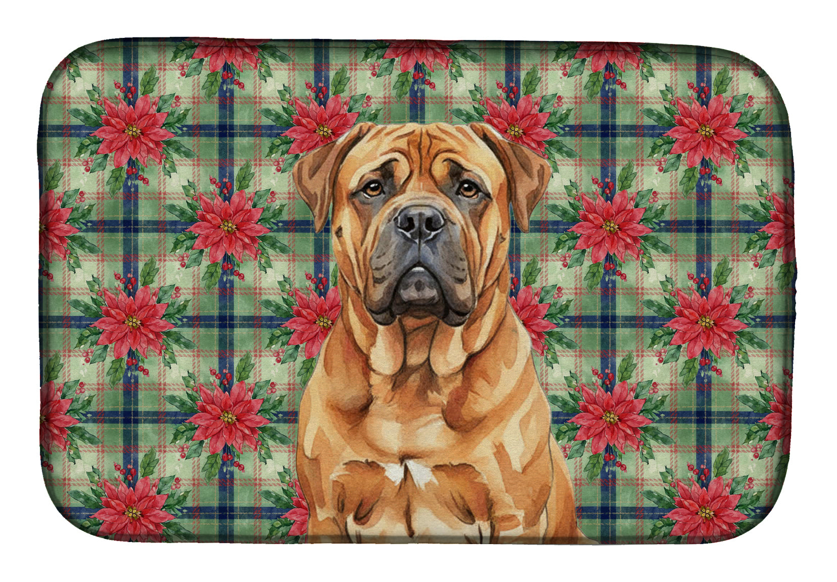 Red Bullmastiff Christmas PoinsettIas Dish Drying Mat Absorbent Dish Drying Mat Pad for Kitchen Counter Dish Drainer Mat for Countertop, 14 x 21", Multicolor