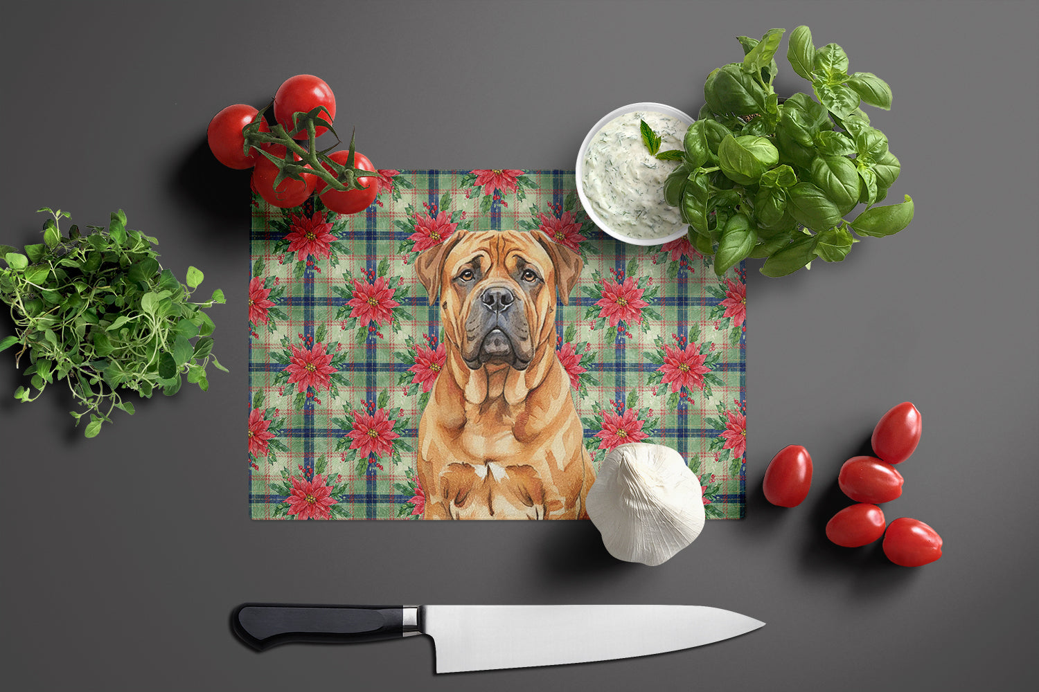 Red Bullmastiff Christmas PoinsettIas Cutting Board Tempered Glass Kitchen Cutting Surface, Heat Resistant Chopping, Non-Slip Feet, Food Prep & Serving