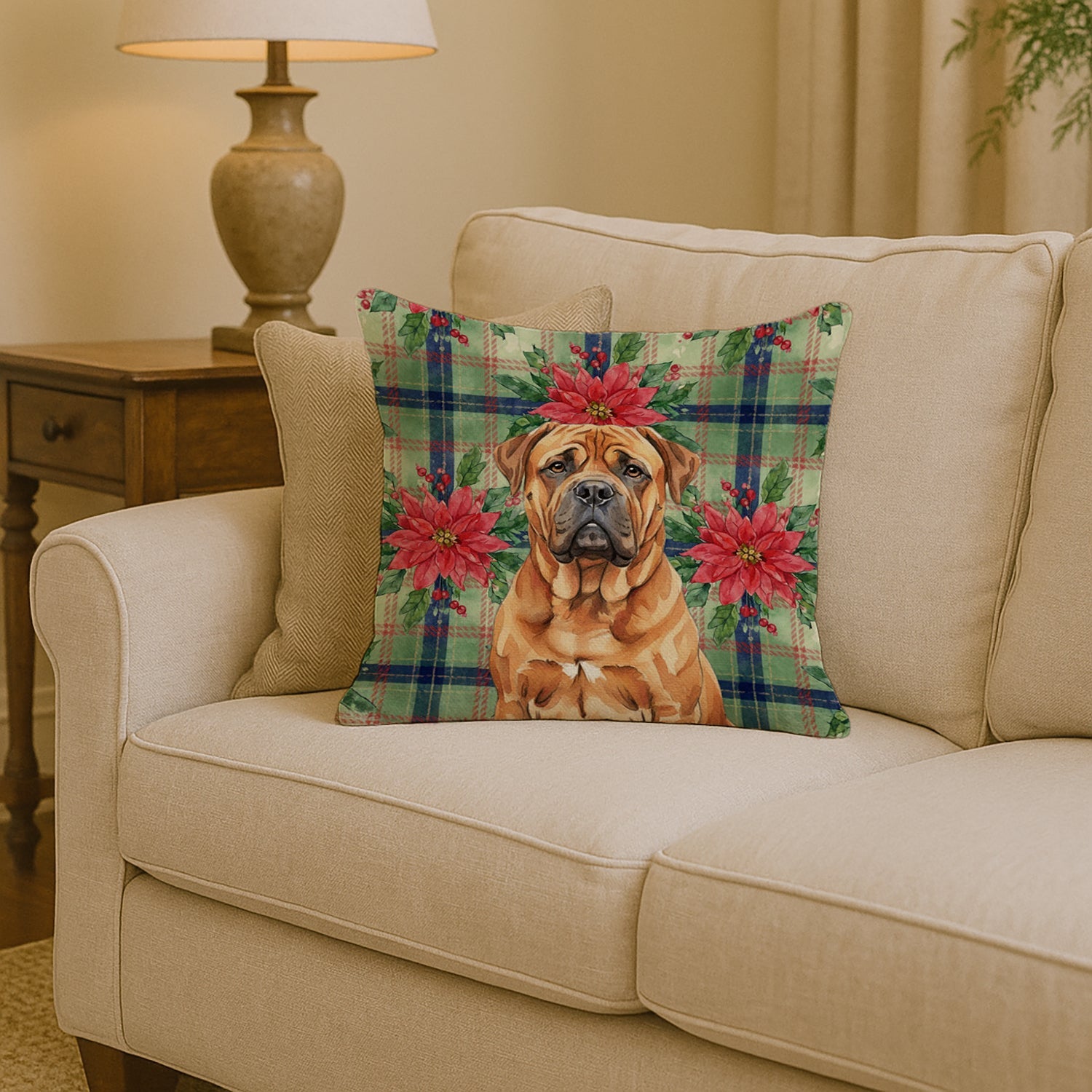 Red Bullmastiff Christmas PoinsettIas Decorative Throw Pillow 14x14 Indoor Outdoor Accent Cushion, Fabric Cover with Insert for Sofa, Bed, Porch & Living Room