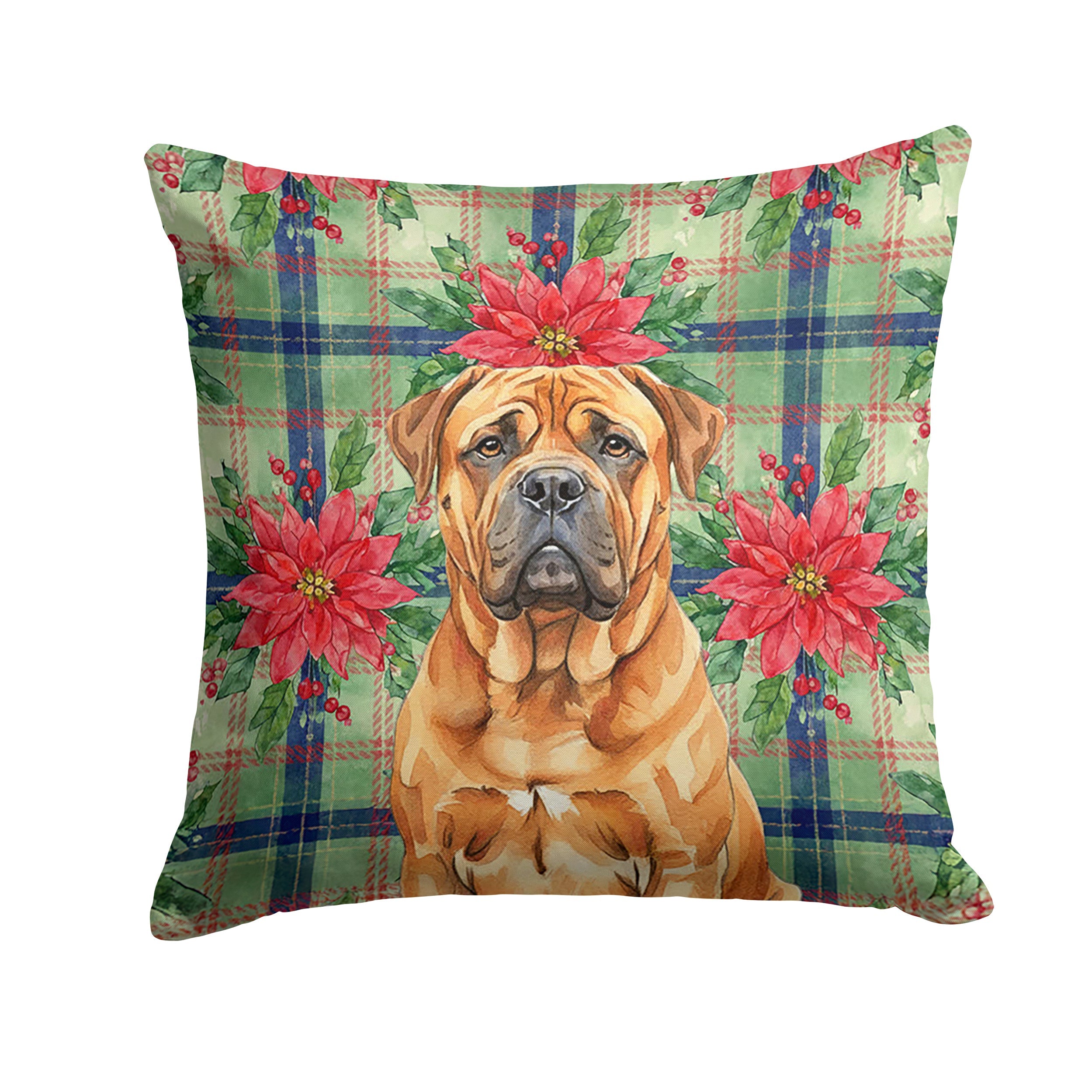 Red Bullmastiff Christmas PoinsettIas Decorative Throw Pillow 18x18 Indoor Outdoor Accent Cushion, Fabric Cover with Insert for Sofa, Bed, Porch & Living Room