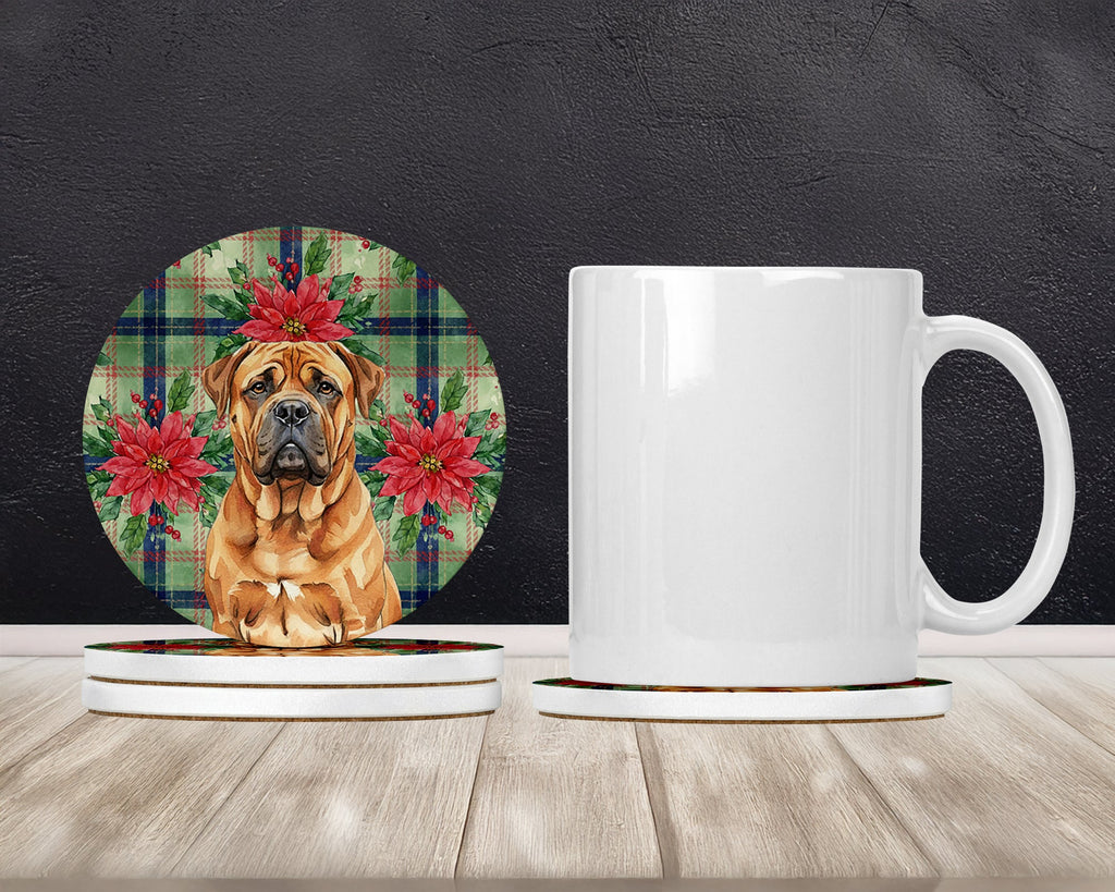 Red Bullmastiff Christmas PoinsettIas Large Sandstone Coasters Pack of 4 Absorbent Round Coasters Decor Gifts for Men or Women, 4 in, Multicolor