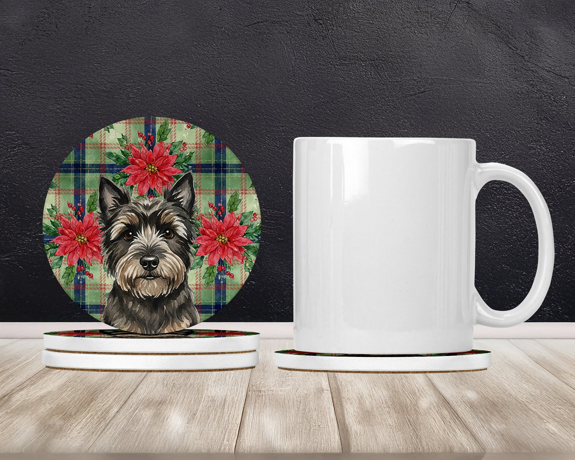 Black Cairn Terrier Christmas PoinsettIas Large Sandstone Coasters Pack of 4 Absorbent Round Coasters Decor Gifts for Men or Women, 4 in, Multicolor