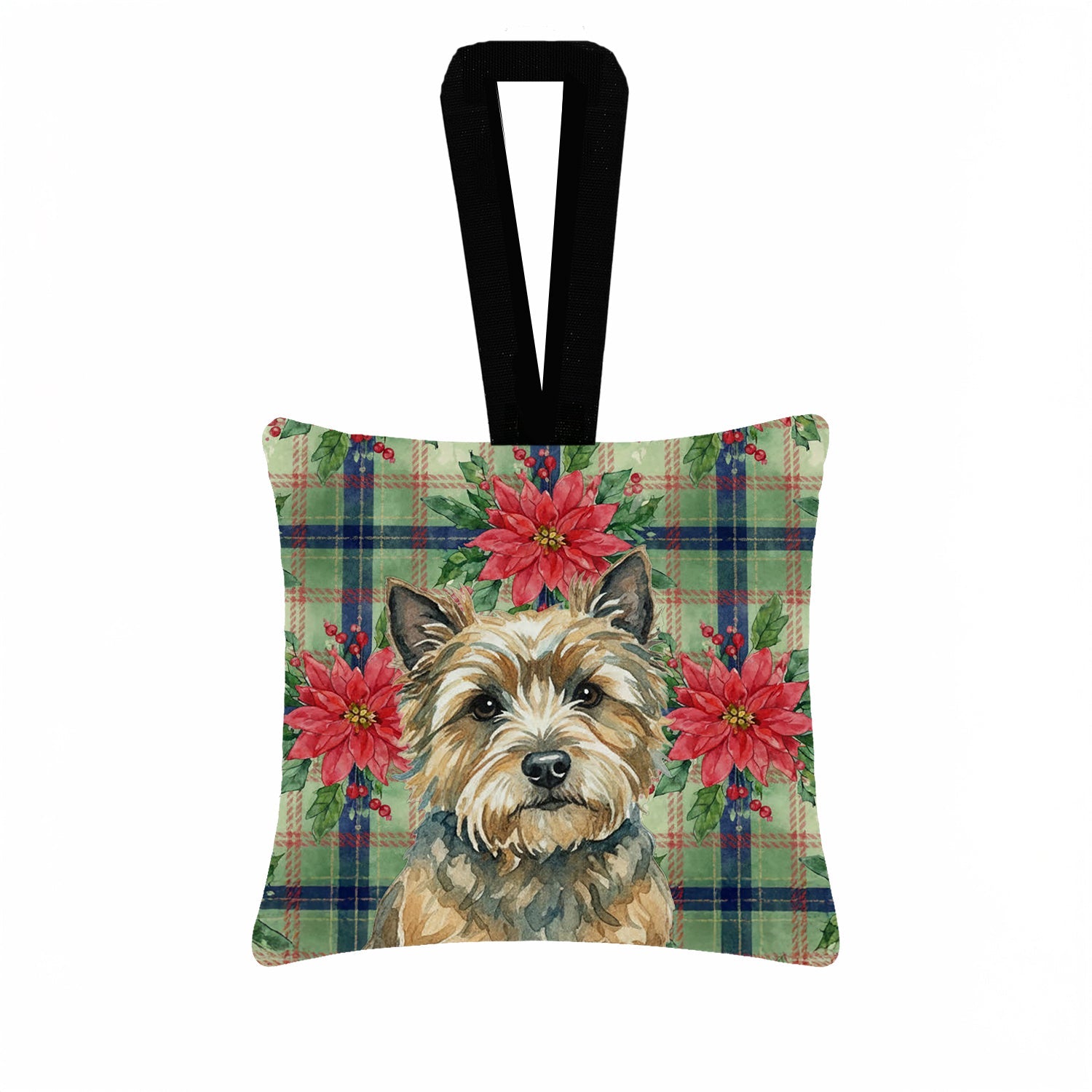 Cairn Terrier Christmas PoinsettIas Hanging Square Fabric Ornament 3.5 � 3.5 Decorative Door-Knob & Tree Hanger, Soft Fabric