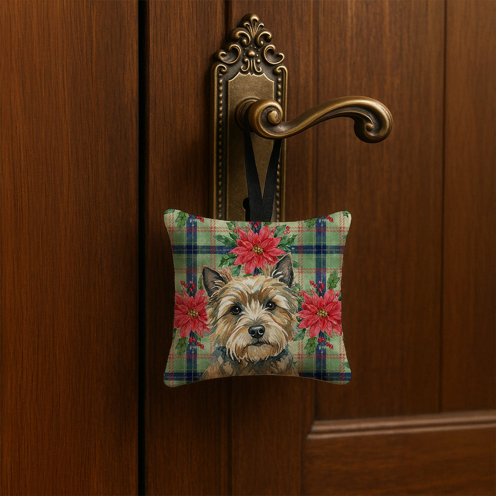 Cairn Terrier Christmas PoinsettIas Hanging Square Fabric Ornament 3.5 � 3.5 Decorative Door-Knob & Tree Hanger, Soft Fabric