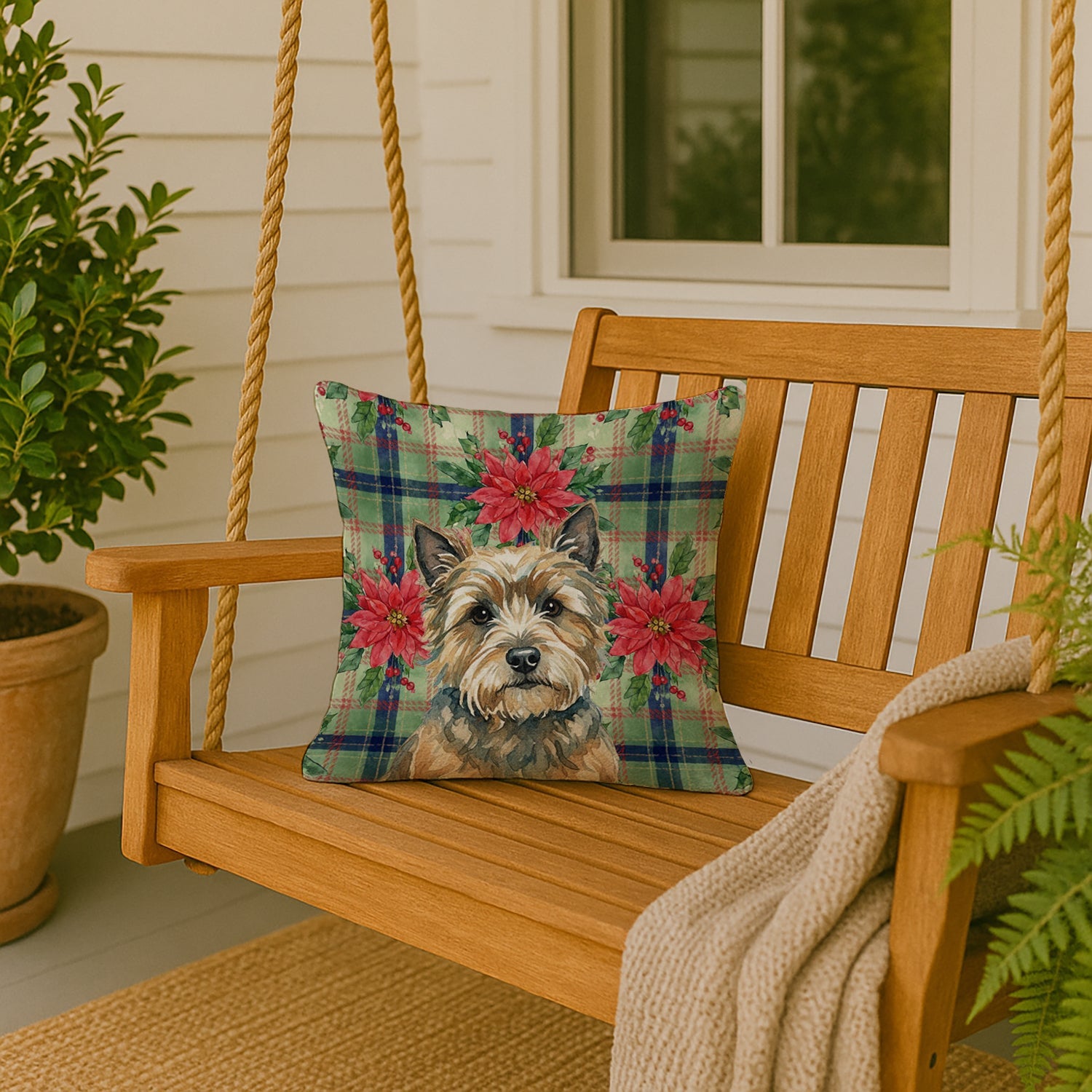 Cairn Terrier Christmas PoinsettIas Decorative Throw Pillow 18x18 Indoor Outdoor Accent Cushion, Fabric Cover with Insert for Sofa, Bed, Porch & Living Room