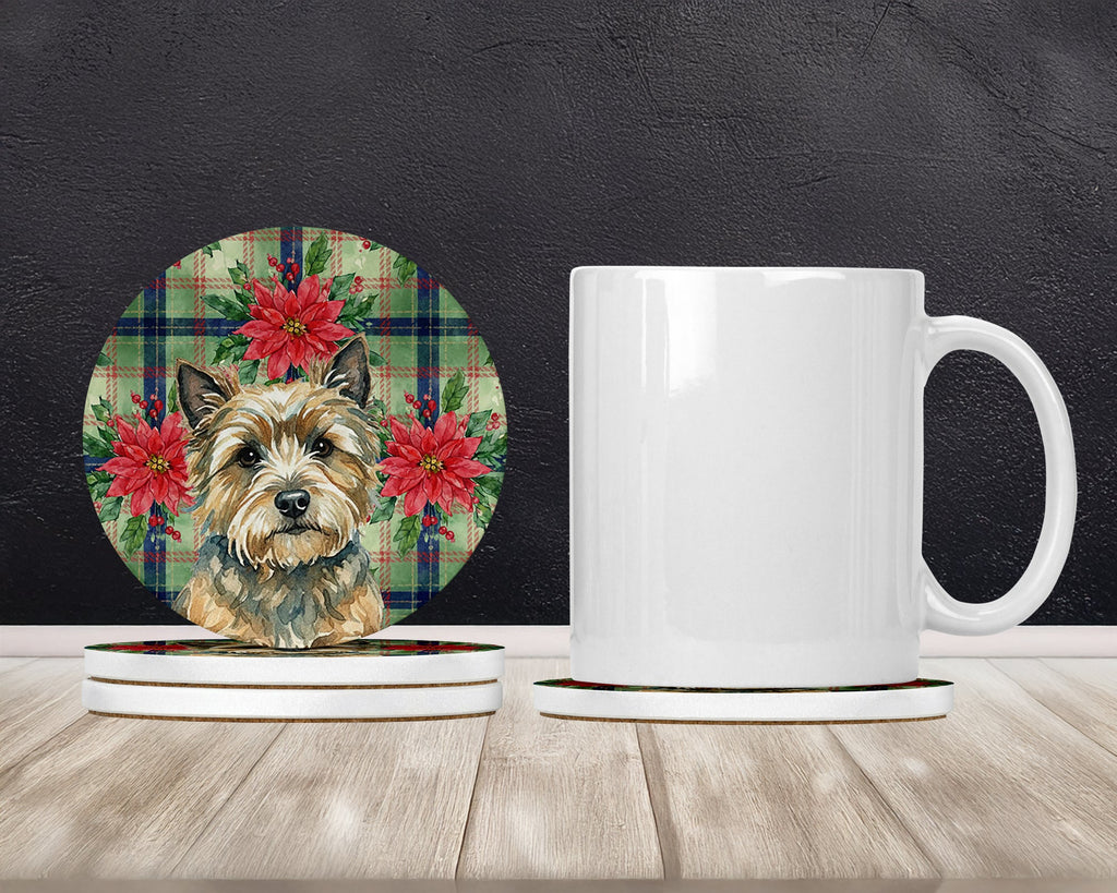 Cairn Terrier Christmas PoinsettIas Large Sandstone Coasters Pack of 4 Absorbent Round Coasters Decor Gifts for Men or Women, 4 in, Multicolor