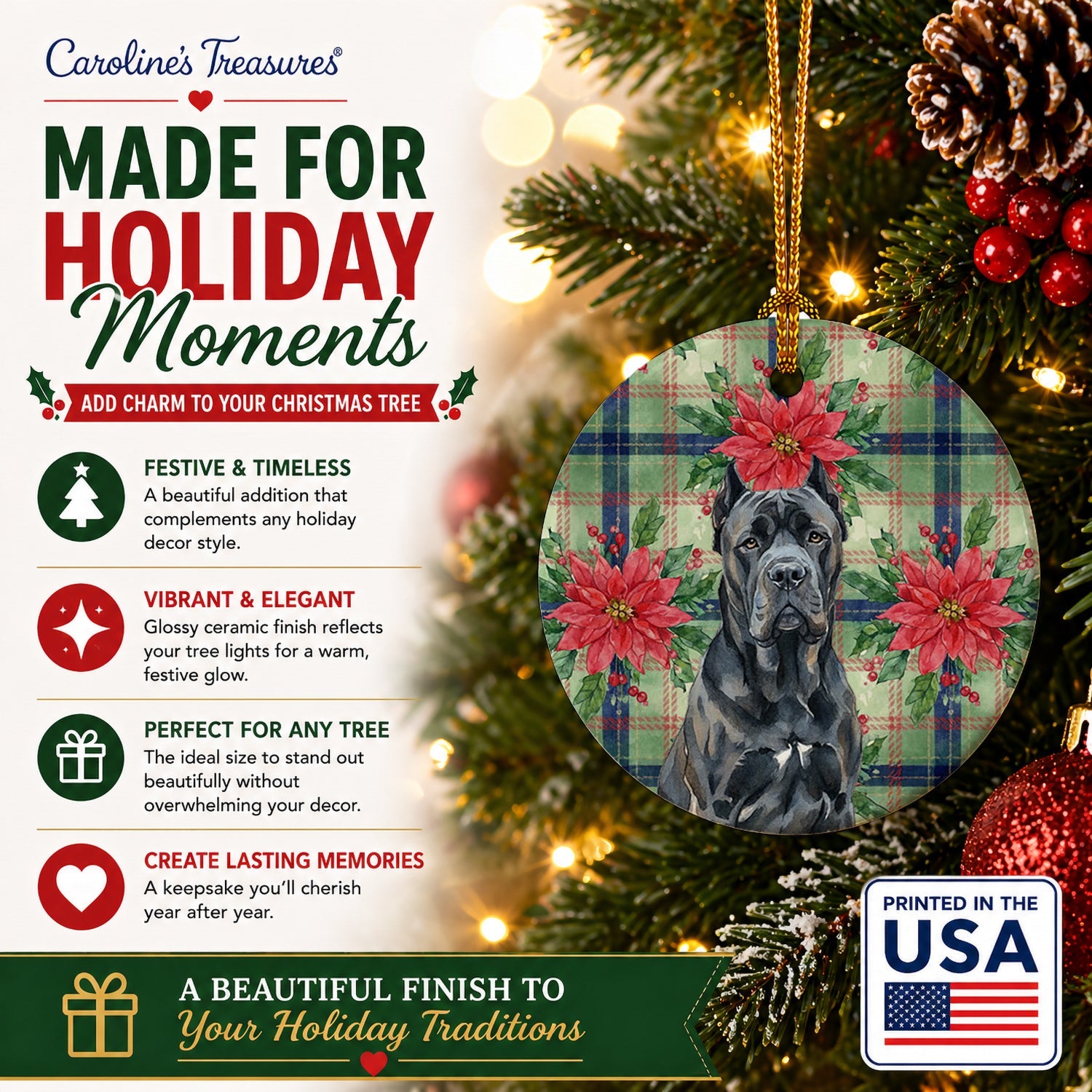 Cane Corso Christmas PoinsettIas Ceramic Ornament Christmas Tree Hanging Decorations for Home Christmas Holiday, Party, Gift, 3 in, Multicolor