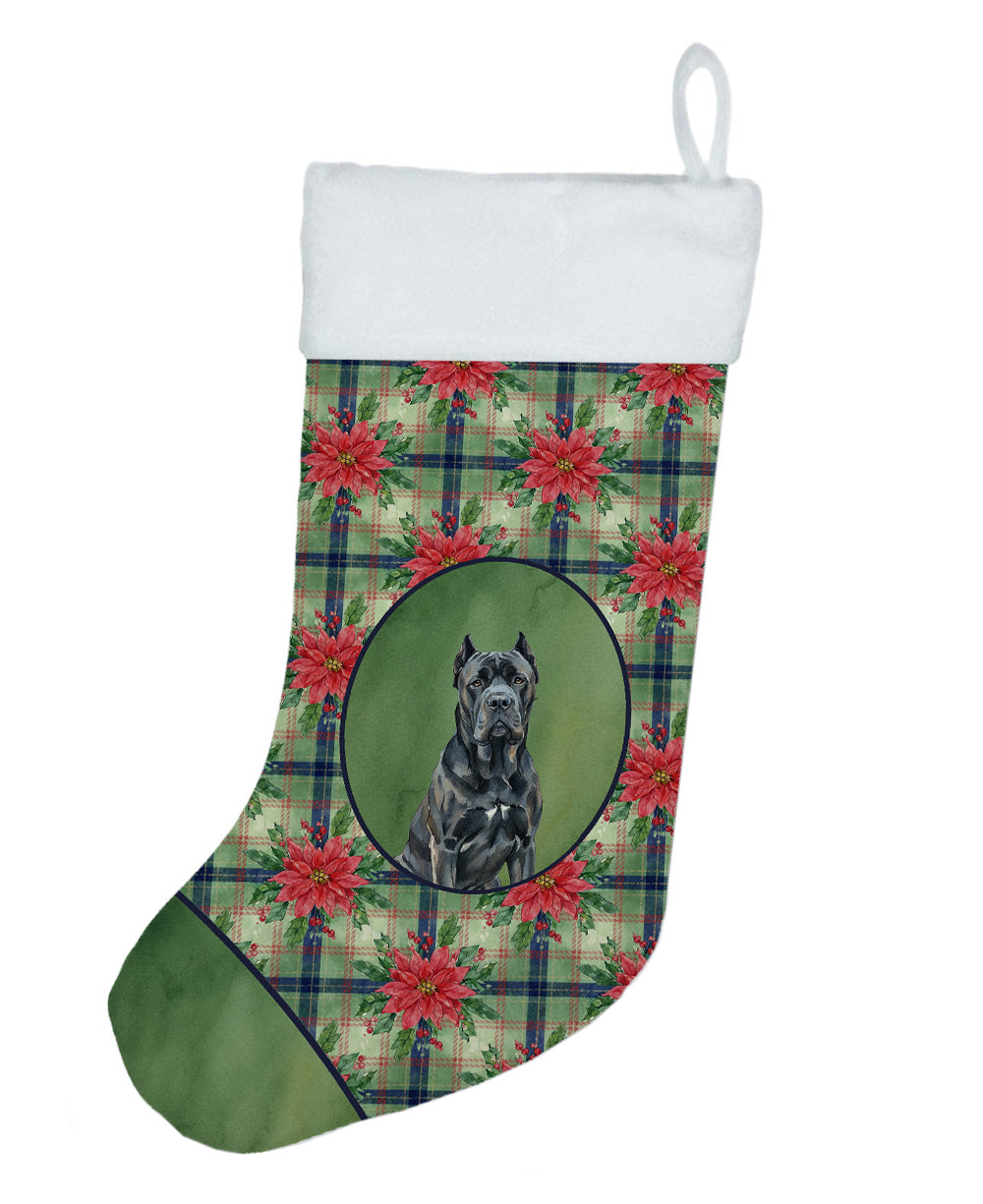 Cane Corso Christmas PoinsettIas Holiday Stocking Double-Sided Print, Polyester Suede,11x18, Made in USA