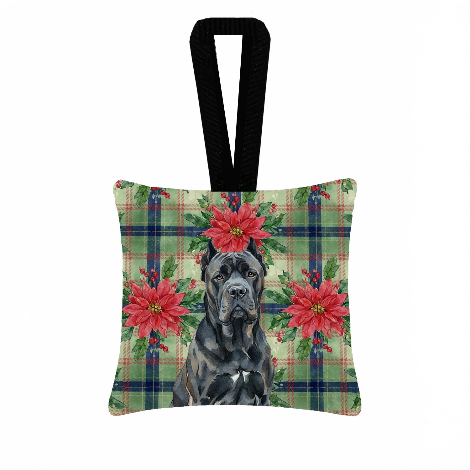 Cane Corso Christmas PoinsettIas Hanging Square Fabric Ornament 3.5 � 3.5 Decorative Door-Knob & Tree Hanger, Soft Fabric