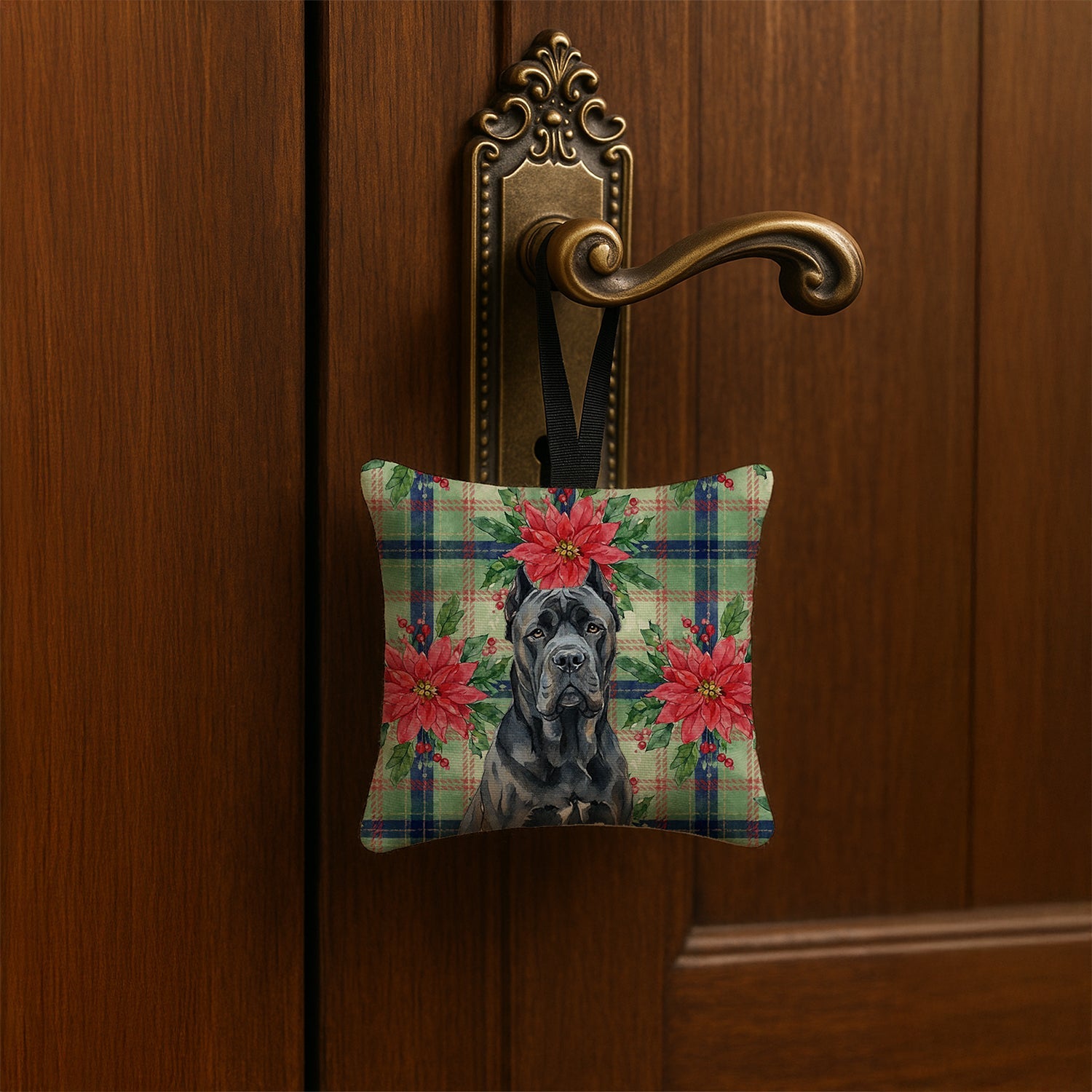Cane Corso Christmas PoinsettIas Hanging Square Fabric Ornament 3.5 � 3.5 Decorative Door-Knob & Tree Hanger, Soft Fabric