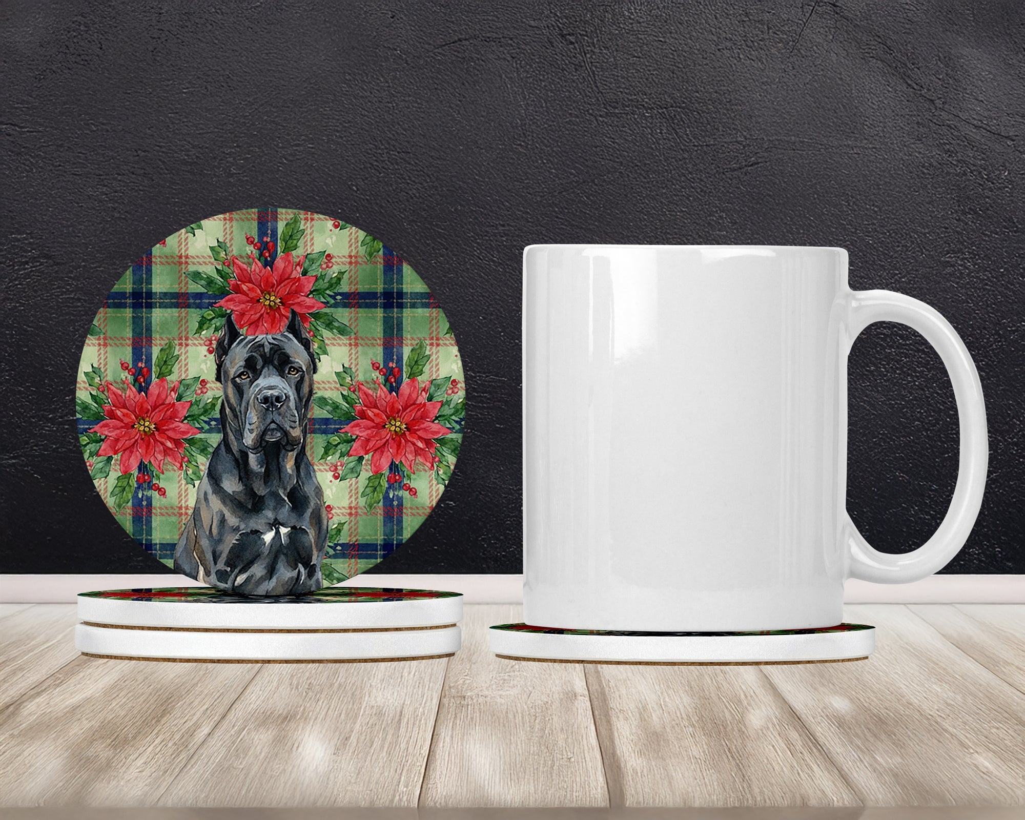 Cane Corso Christmas PoinsettIas Large Sandstone Coasters Pack of 4 Absorbent Round Coasters Decor Gifts for Men or Women, 4 in, Multicolor