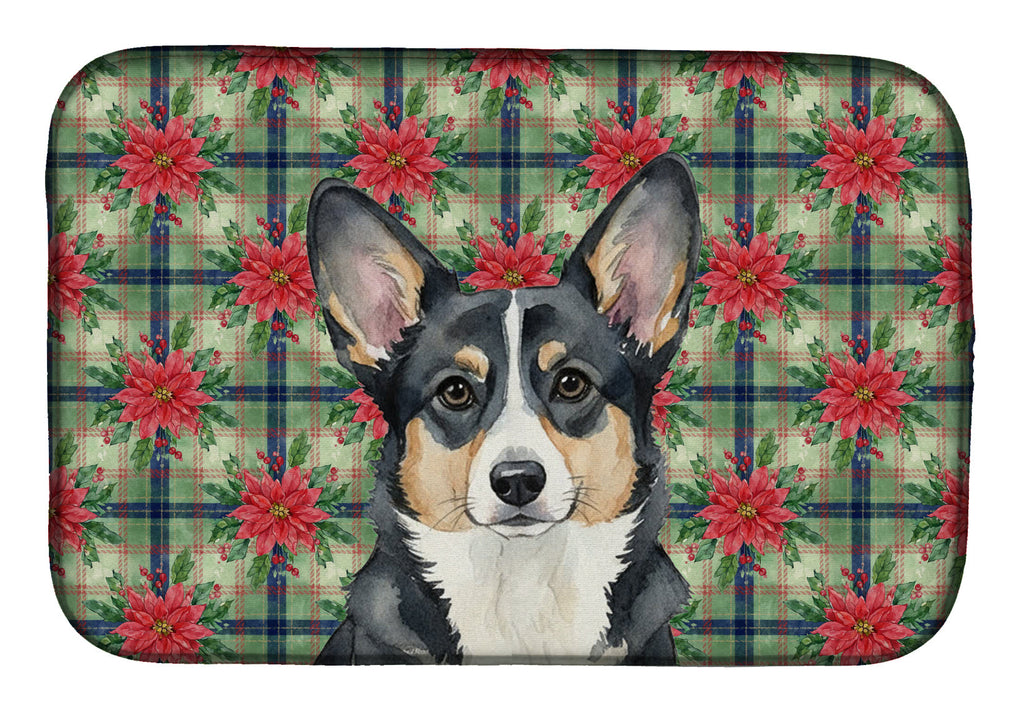 Black and White Cardigan Welsh Corgi Christmas PoinsettIas Dish Drying Mat Absorbent Dish Drying Mat Pad for Kitchen Counter Dish Drainer Mat for Countertop, 14 x 21", Multicolor