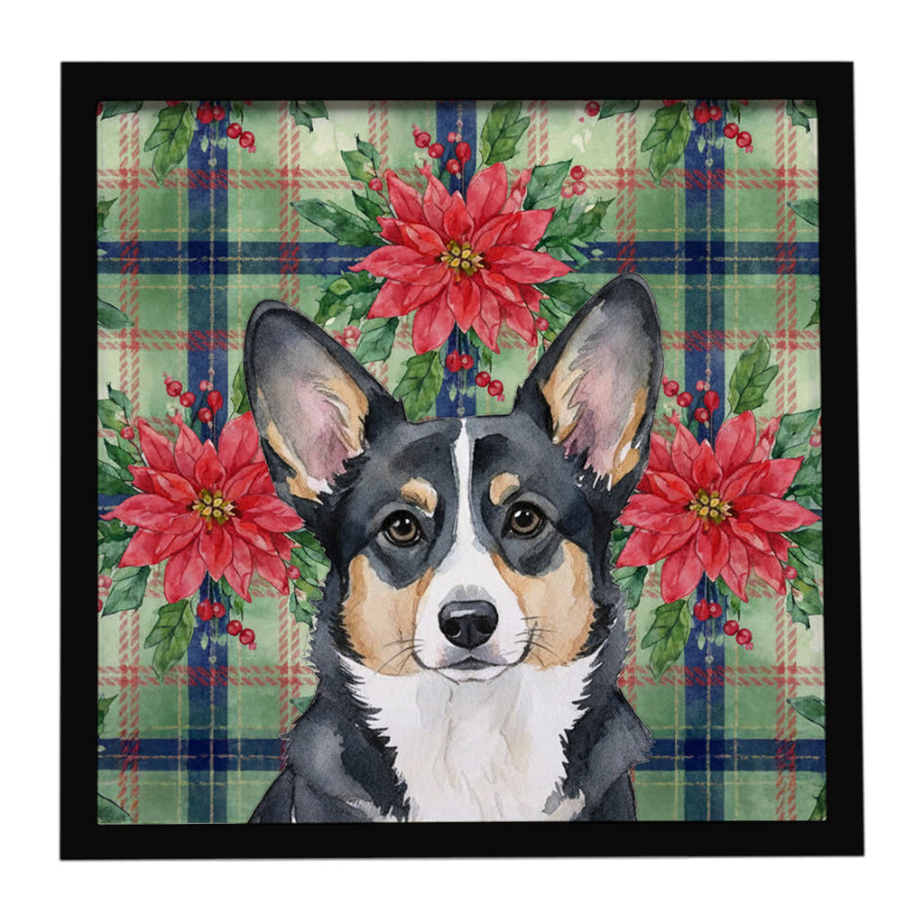 Black and White Cardigan Welsh Corgi Christmas PoinsettIas Framed Metal Print Bathroom, Kitchen, Office, Home Decor Wall Art Ready to Hang, Square, 8X8