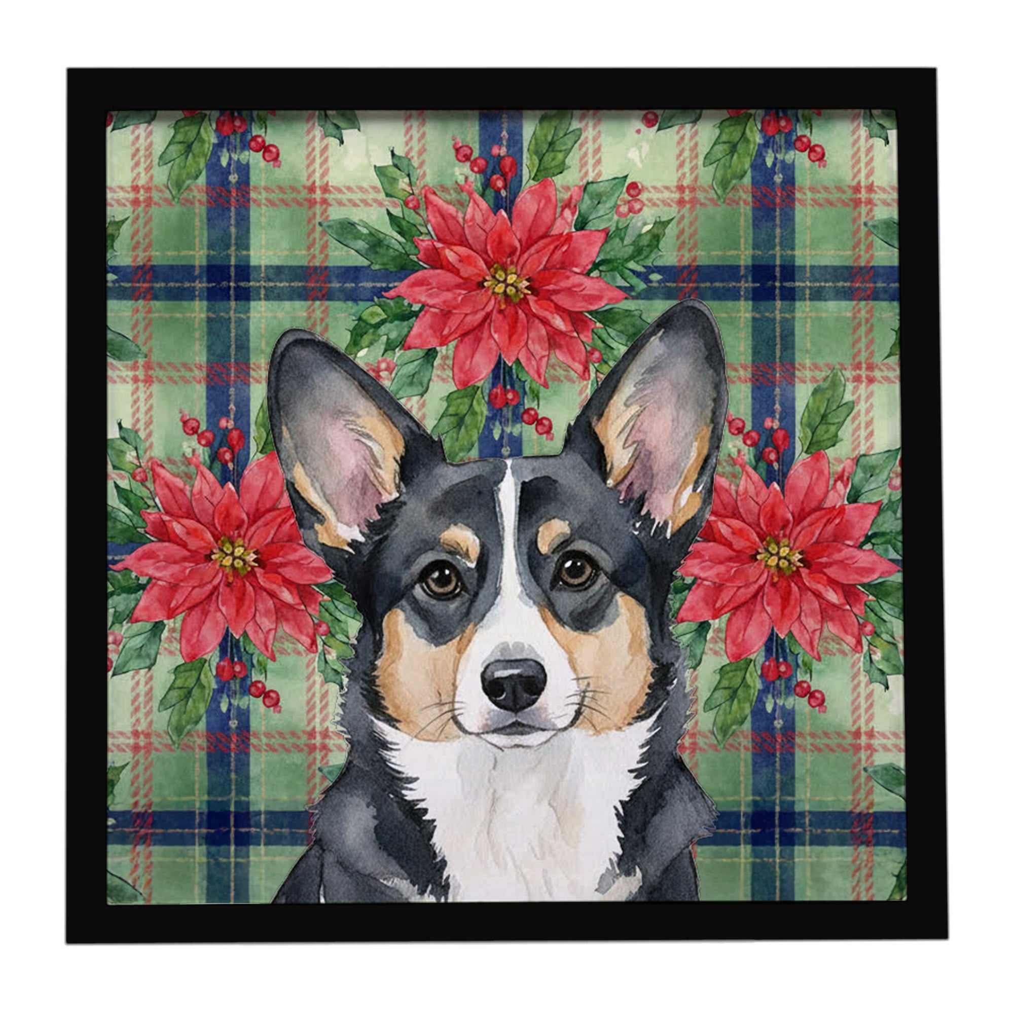 Black and White Cardigan Welsh Corgi Christmas PoinsettIas Framed Metal Print Bathroom, Kitchen, Office, Home Decor Wall Art Ready to Hang, Square, 8X8