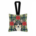 Black and White Cardigan Welsh Corgi Christmas PoinsettIas Hanging Square Fabric Ornament 3.5 � 3.5 Decorative Door-Knob & Tree Hanger, Soft Fabric
