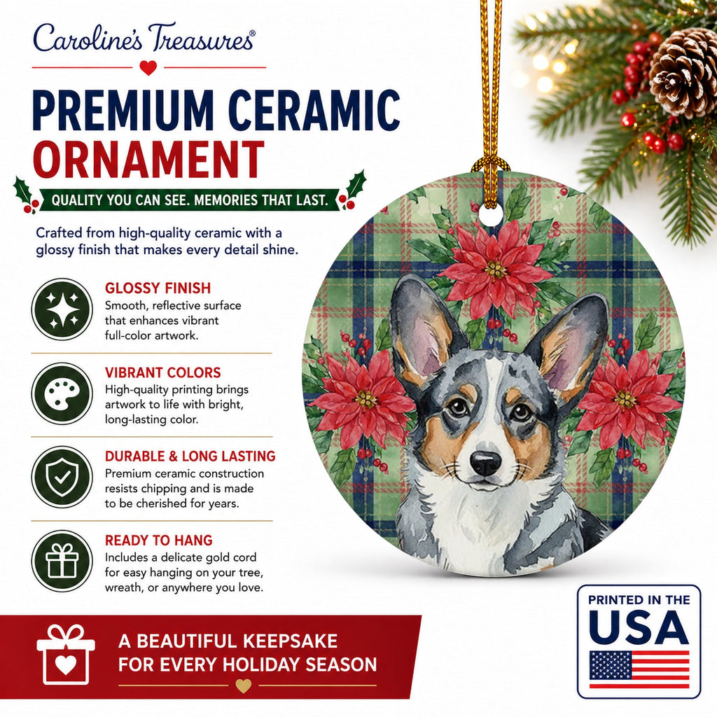 Blue Merle Cardigan Welsh Corgi Christmas PoinsettIas Ceramic Ornament Christmas Tree Hanging Decorations for Home Christmas Holiday, Party, Gift, 3 in, Multicolor
