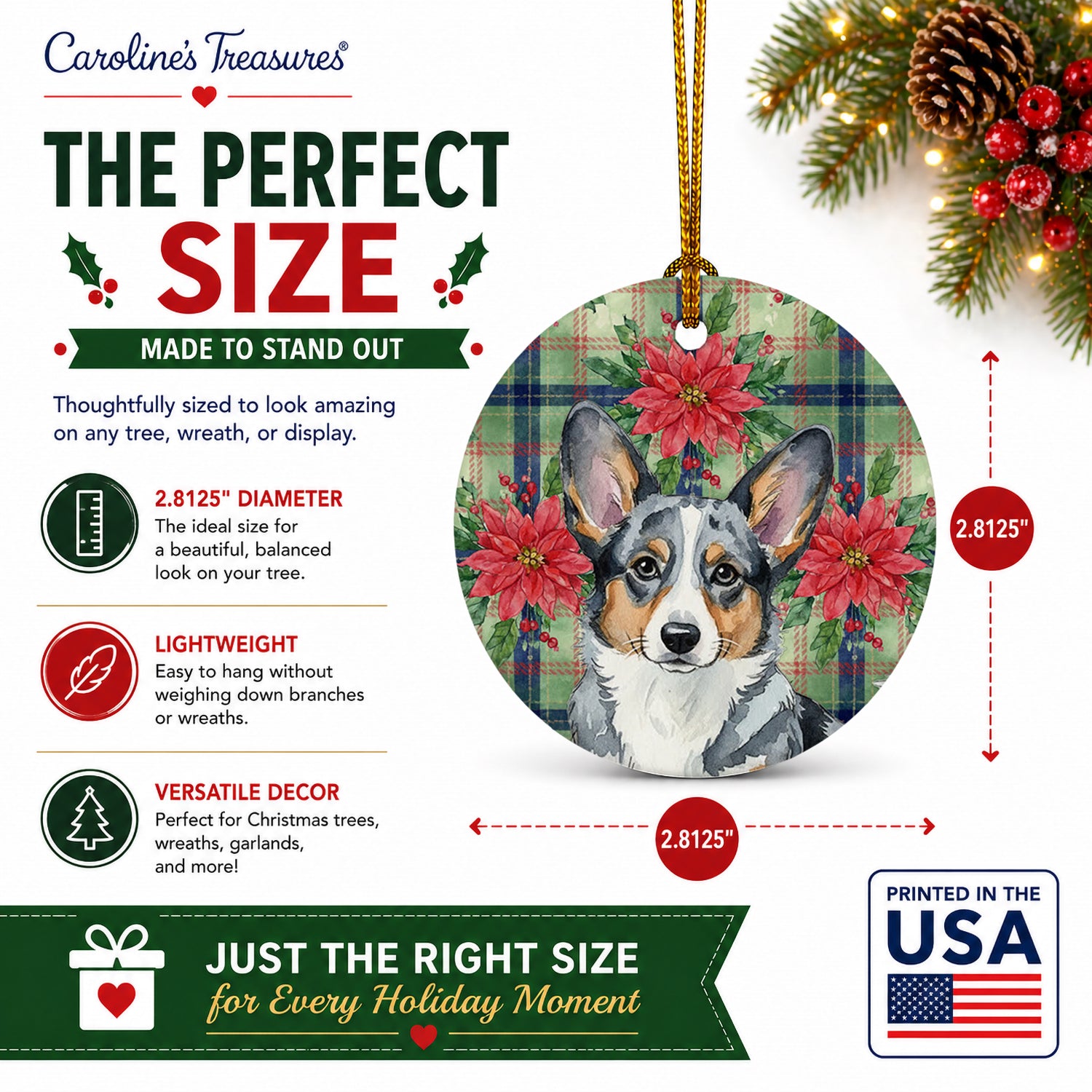 Blue Merle Cardigan Welsh Corgi Christmas PoinsettIas Ceramic Ornament Christmas Tree Hanging Decorations for Home Christmas Holiday, Party, Gift, 3 in, Multicolor