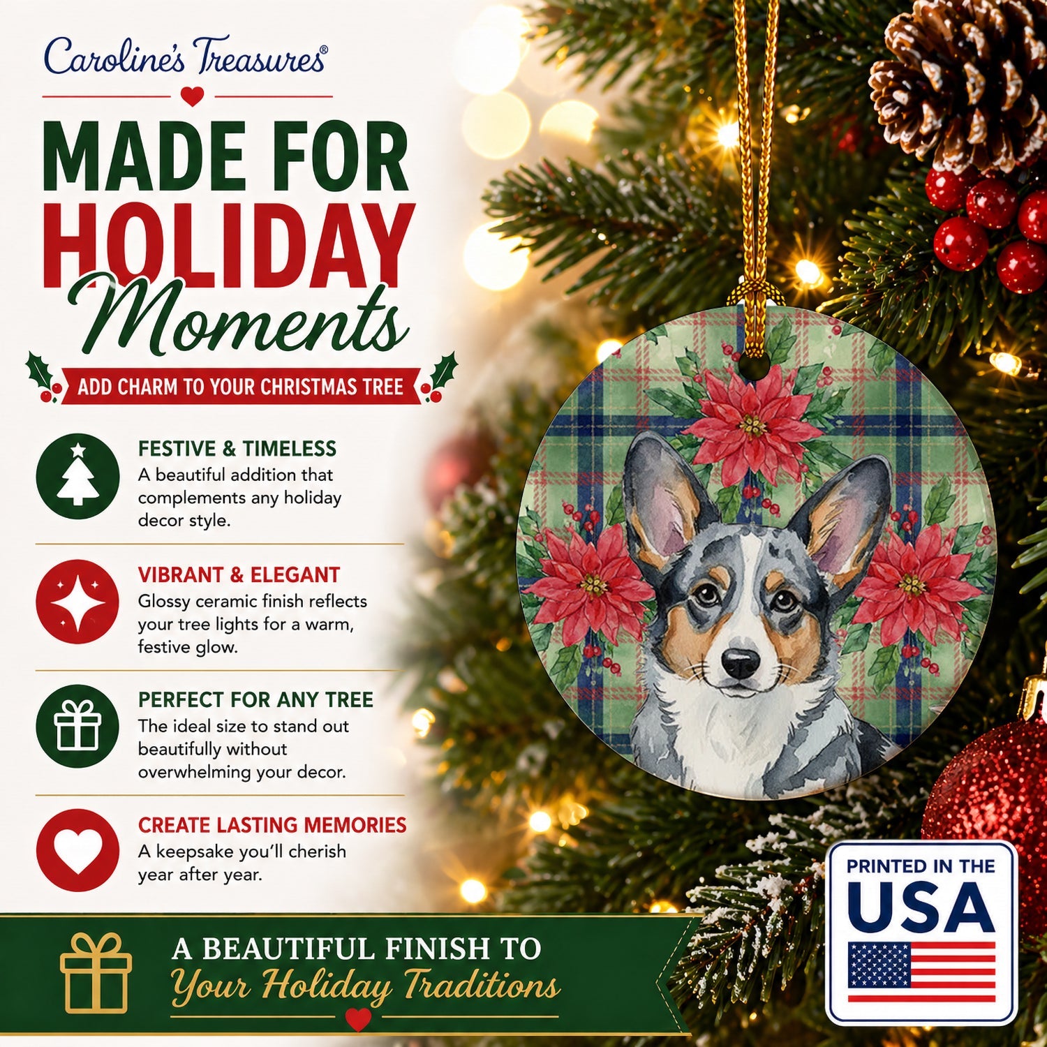 Blue Merle Cardigan Welsh Corgi Christmas PoinsettIas Ceramic Ornament Christmas Tree Hanging Decorations for Home Christmas Holiday, Party, Gift, 3 in, Multicolor
