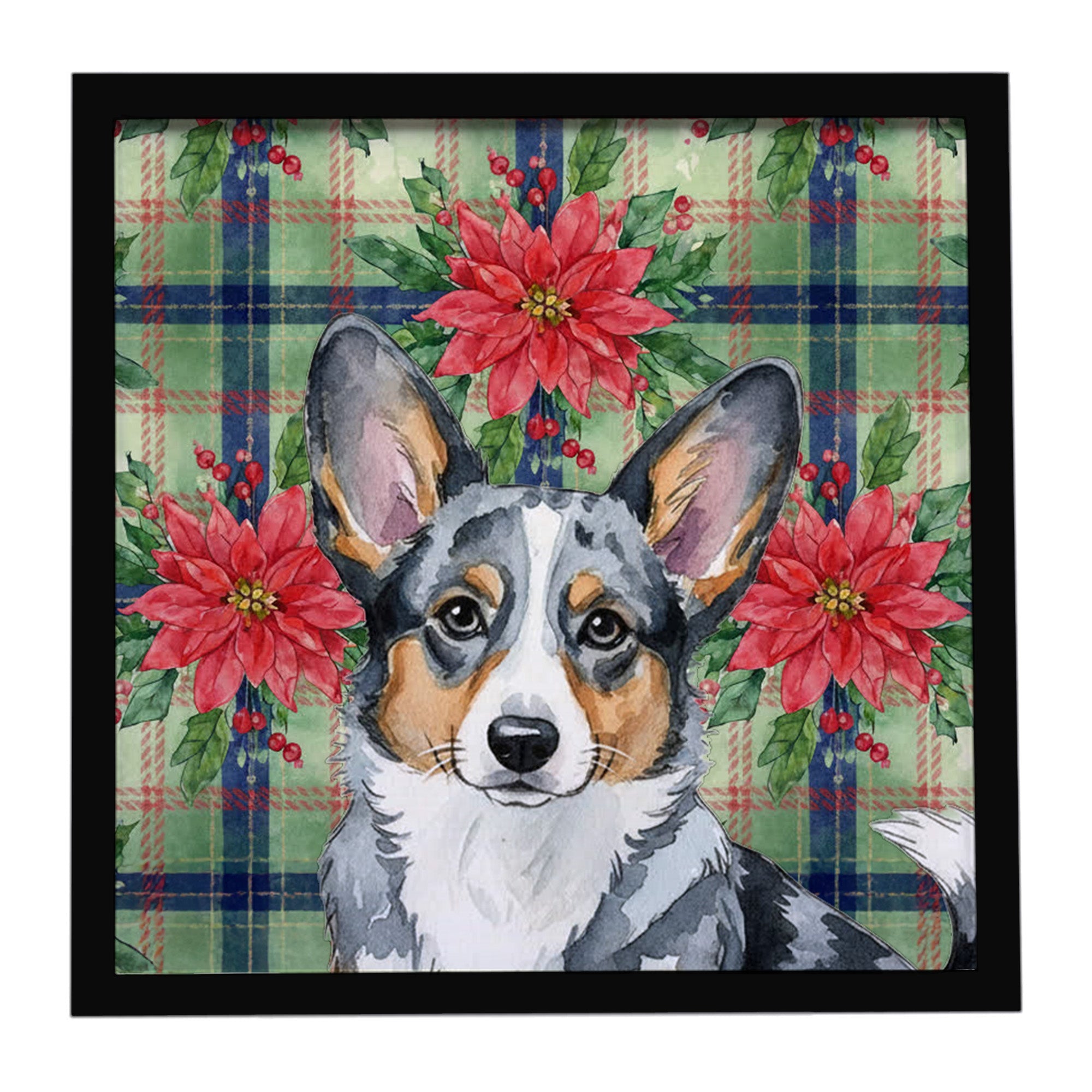 Blue Merle Cardigan Welsh Corgi Christmas PoinsettIas Framed Metal Print Bathroom, Kitchen, Office, Home Decor Wall Art Ready to Hang, Square, 8X8