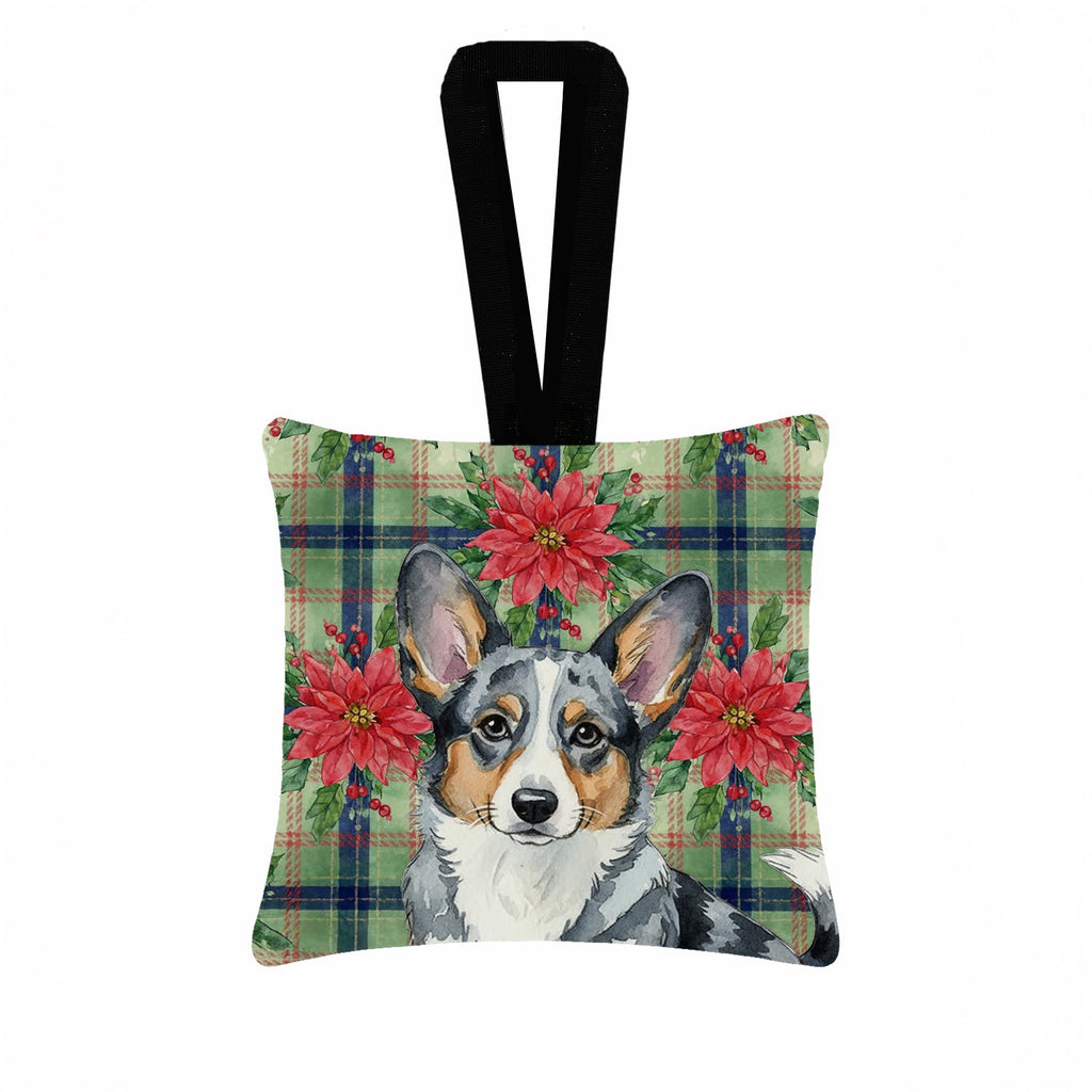 Blue Merle Cardigan Welsh Corgi Christmas PoinsettIas Hanging Square Fabric Ornament 3.5 � 3.5 Decorative Door-Knob & Tree Hanger, Soft Fabric