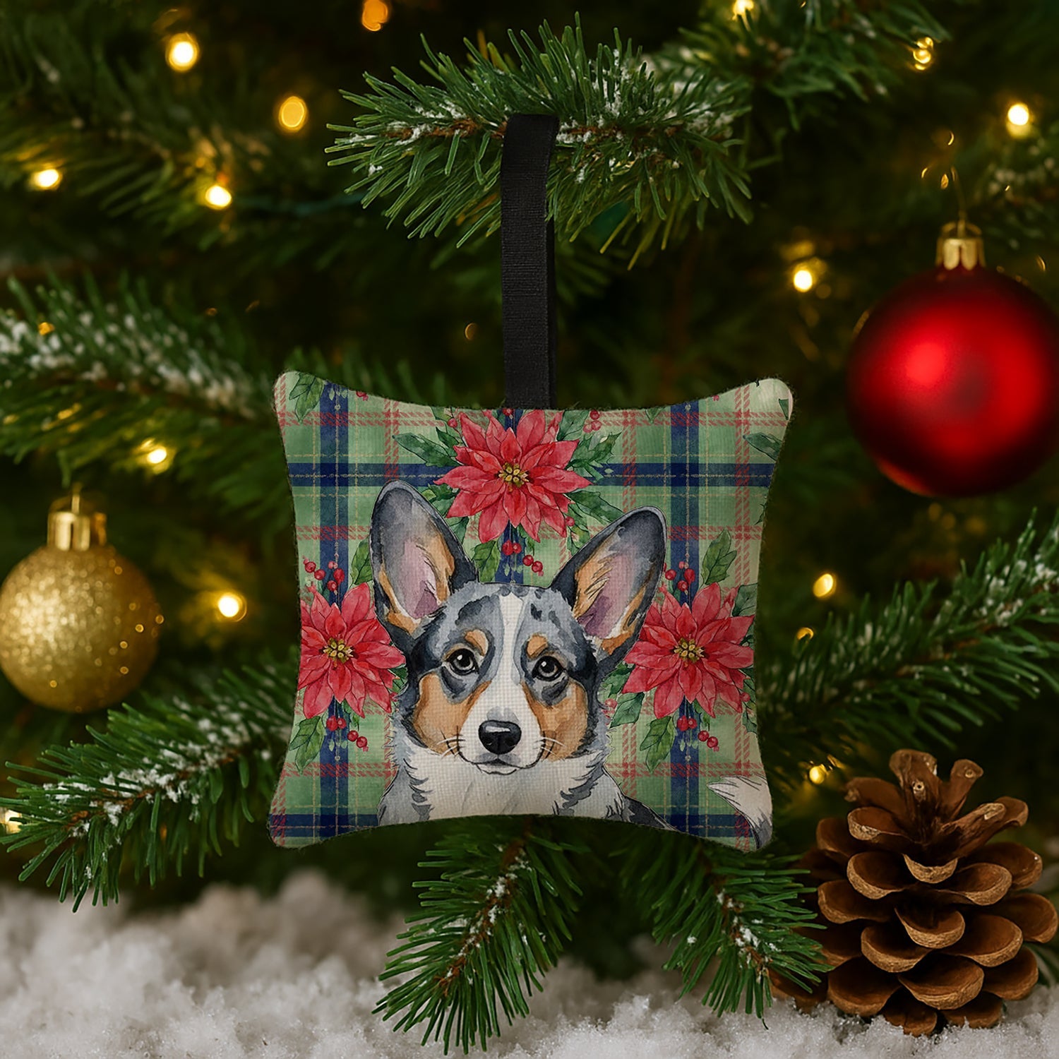 Blue Merle Cardigan Welsh Corgi Christmas PoinsettIas Hanging Square Fabric Ornament 3.5 � 3.5 Decorative Door-Knob & Tree Hanger, Soft Fabric