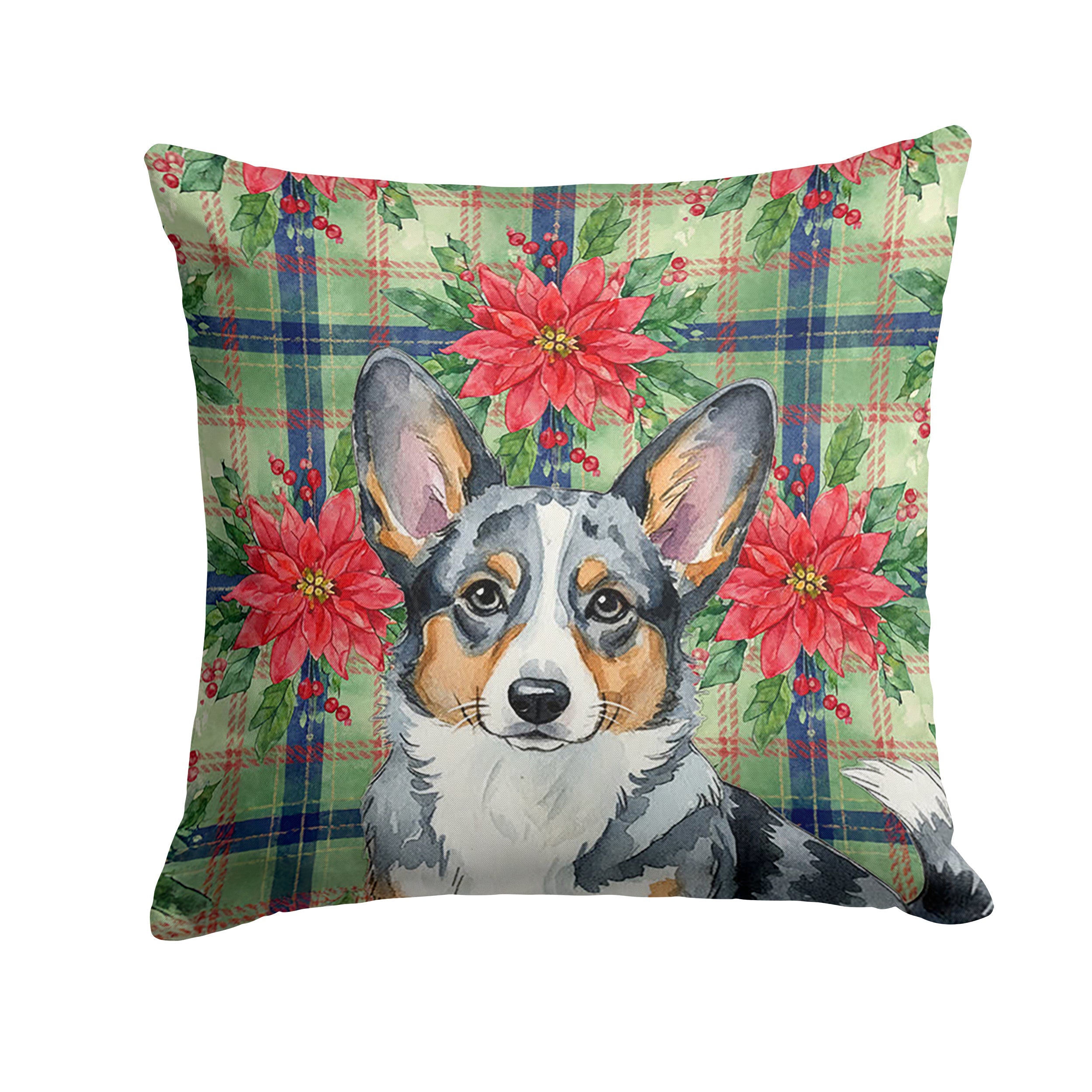 Blue Merle Cardigan Welsh Corgi Christmas PoinsettIas Decorative Throw Pillow 14x14 Indoor Outdoor Accent Cushion, Fabric Cover with Insert for Sofa, Bed, Porch & Living Room