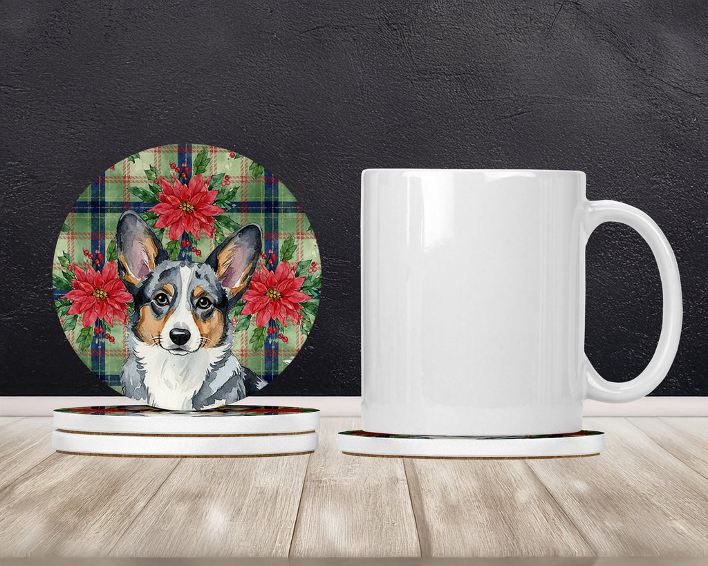 Blue Merle Cardigan Welsh Corgi Christmas PoinsettIas Large Sandstone Coasters Pack of 4 Absorbent Round Coasters Decor Gifts for Men or Women, 4 in, Multicolor