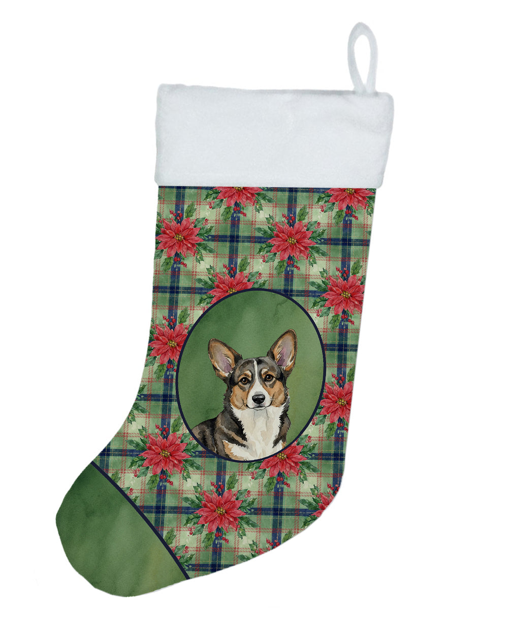 Brindle Cardigan Welsh Corgi Christmas PoinsettIas Holiday Stocking Double-Sided Print, Polyester Suede,11x18, Made in USA